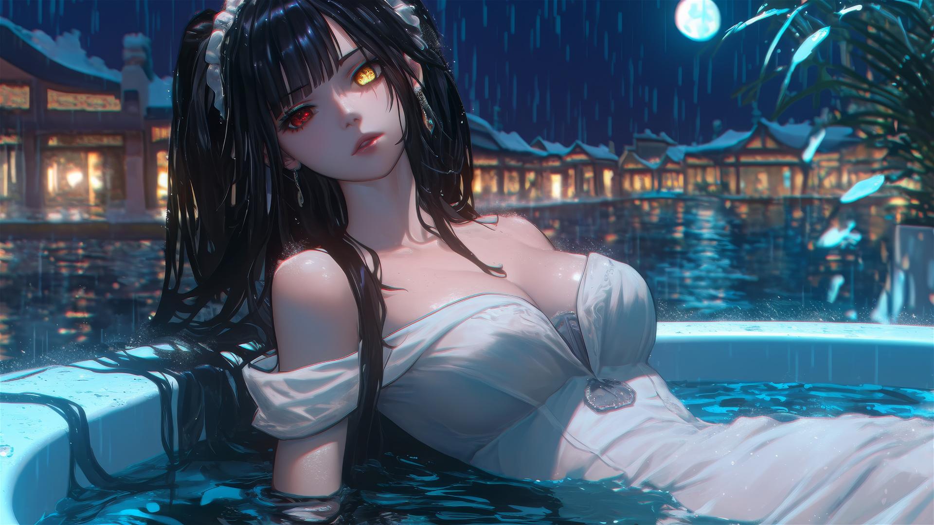 Kurumi Tokisaki from Date A Live resting in a tub, moonlight glow, white dress, rainy
