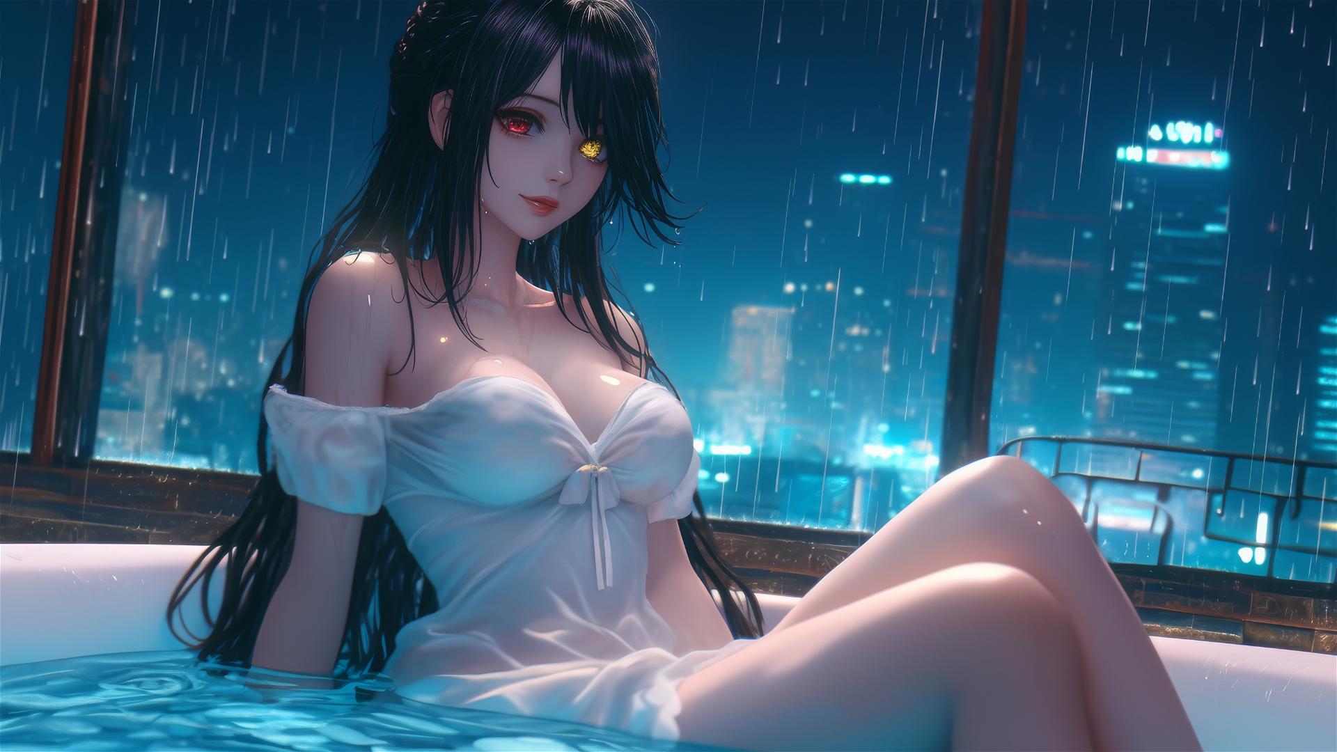 Kurumi Tokisaki in a tub, moonlit, in a white dress, with one red and one yellow eye