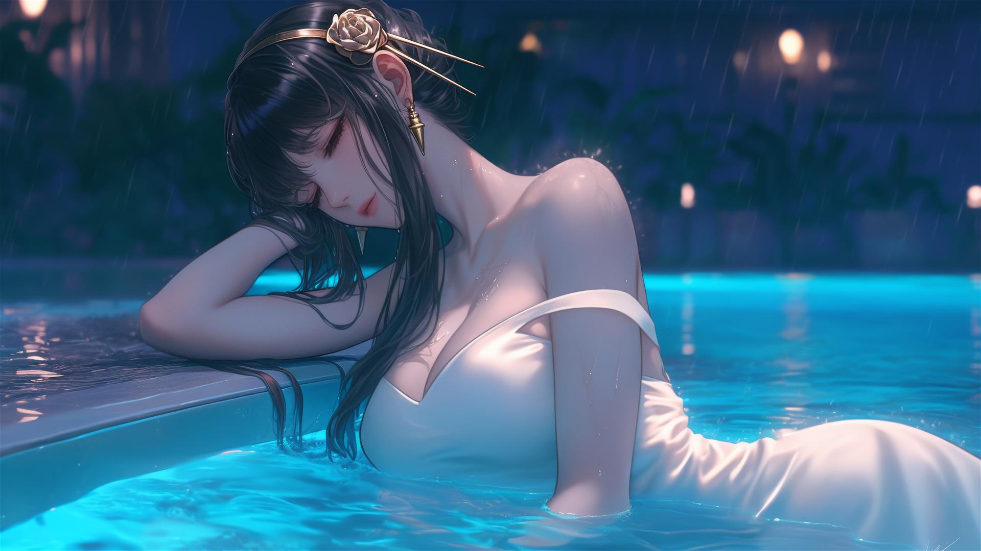 Yor Forger in a pure white dress resting by a rainy swimming pool under moonlight