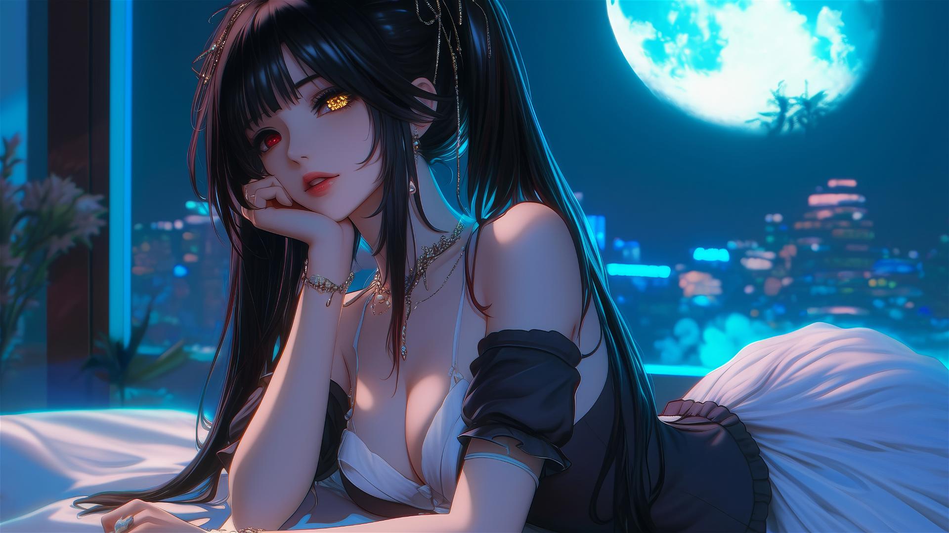 Kurumi Tokisaki resting in modern hotel room under moonlight