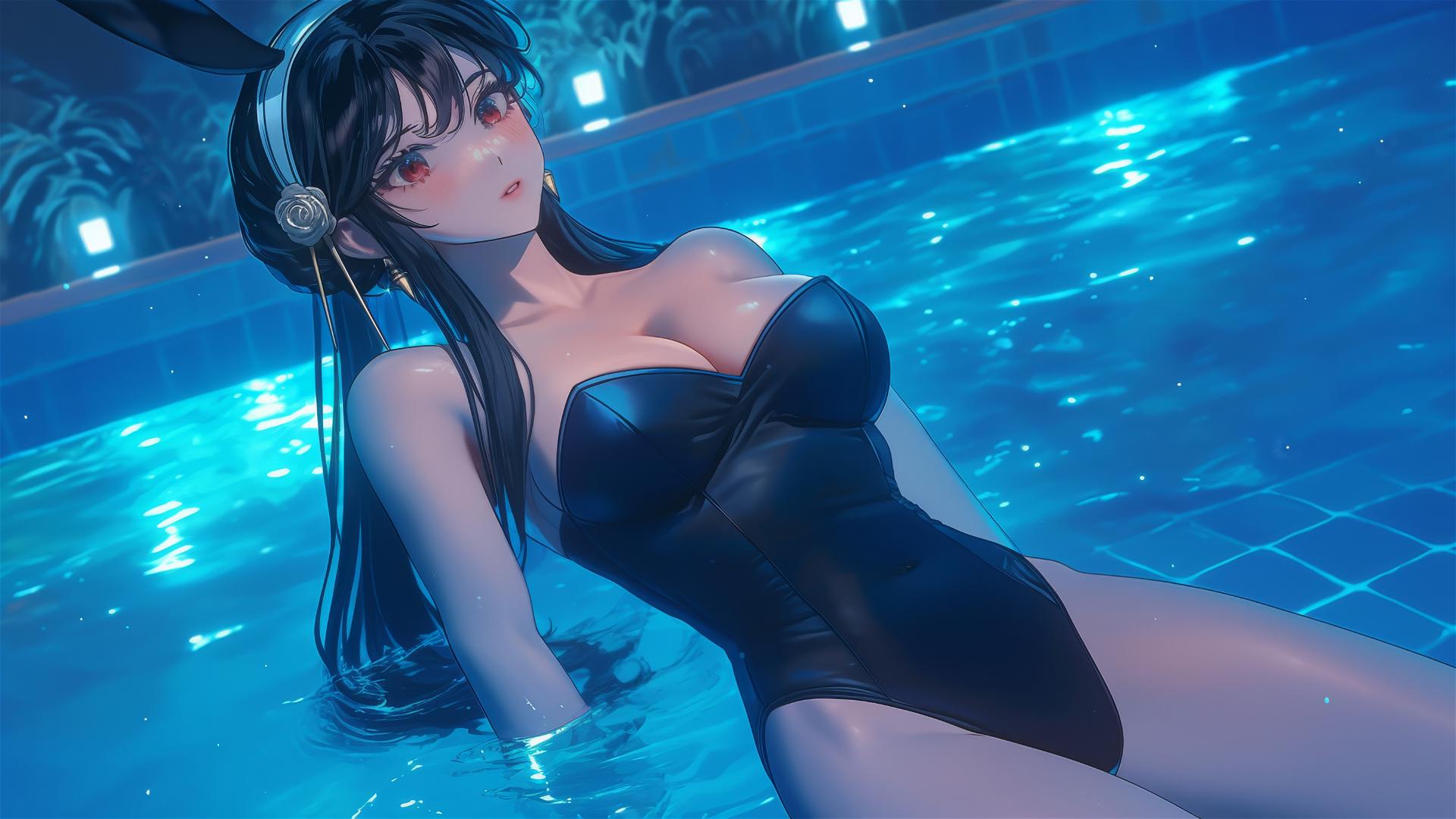 Yor Forger in bunny girl outfit by moonlit pool