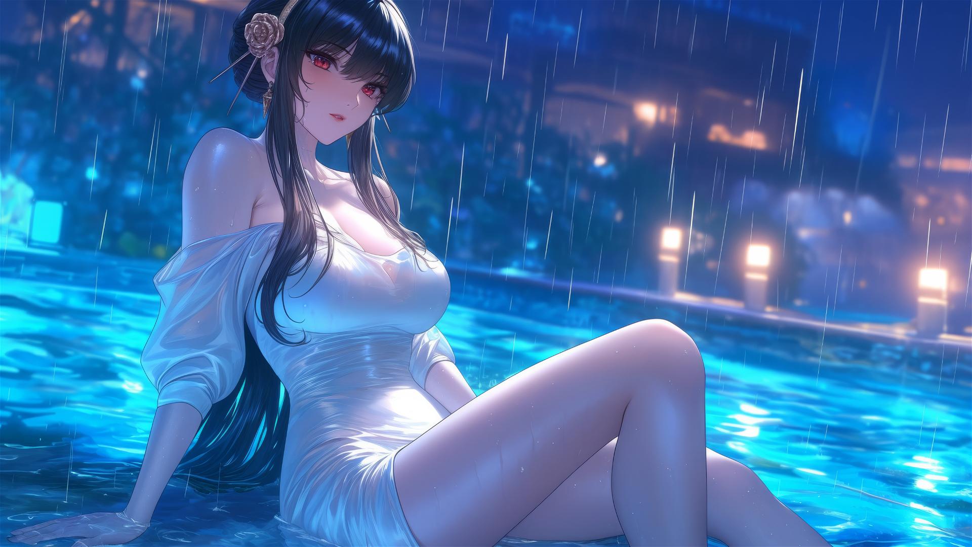 Yor Forger in white dress resting by rainy pool under moonlight