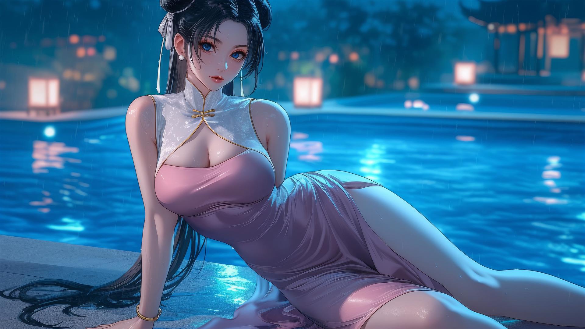 Chun Li in pure pink dress relaxing by a rainy swimming pool, bathed in moonlight