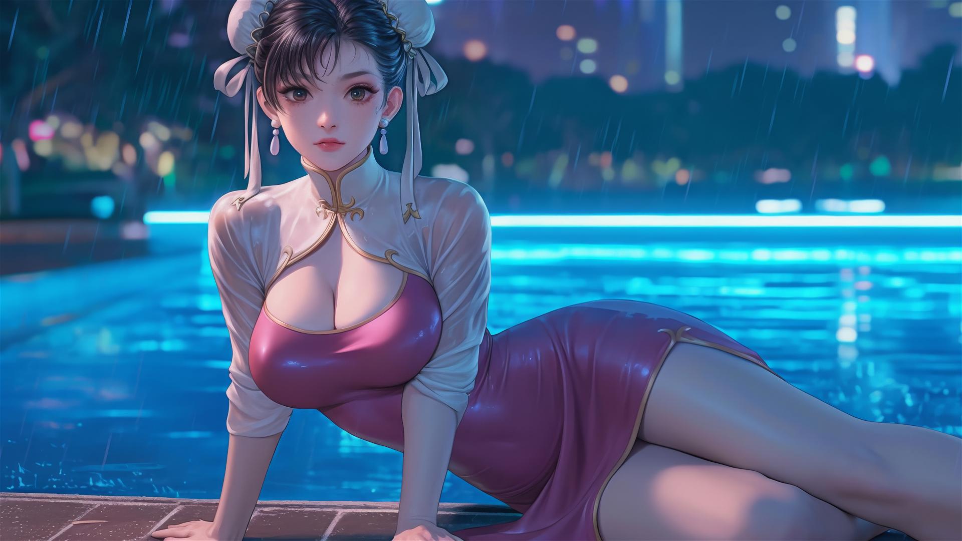 Chun Li in a pink dress resting at a rainy pool with moonlight.