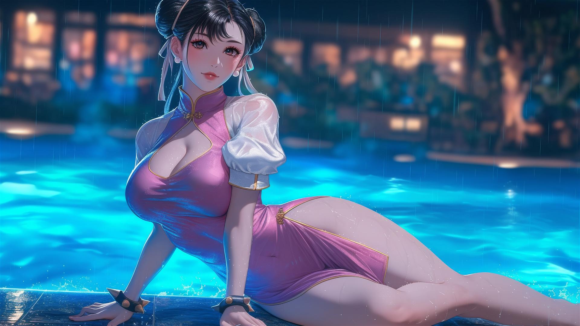 Chun Li in a pure pink dress resting at a rainy swimming pool with moonlight glow.