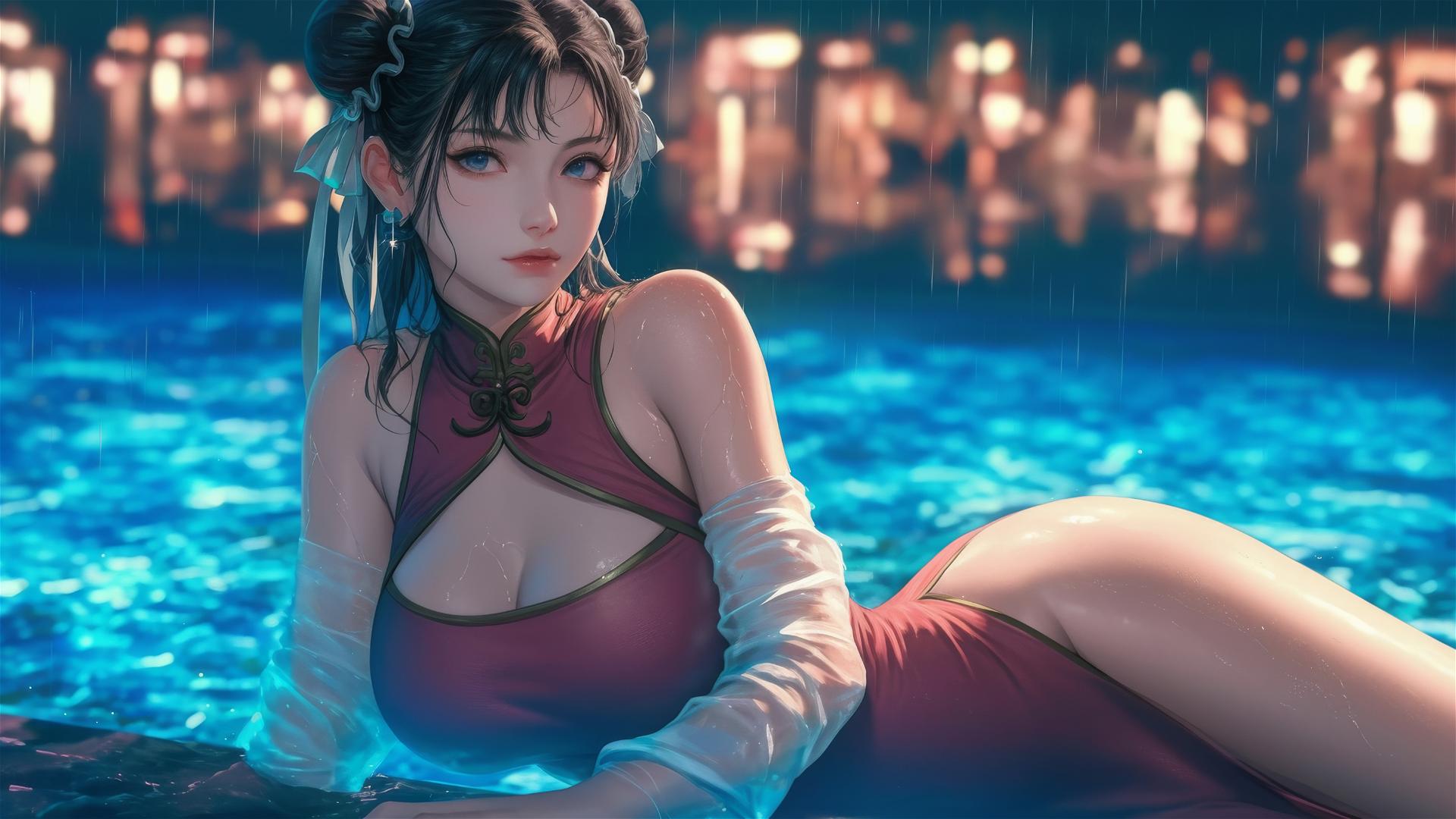 Chun Li in pink dress resting by a rainy pool under moonlight