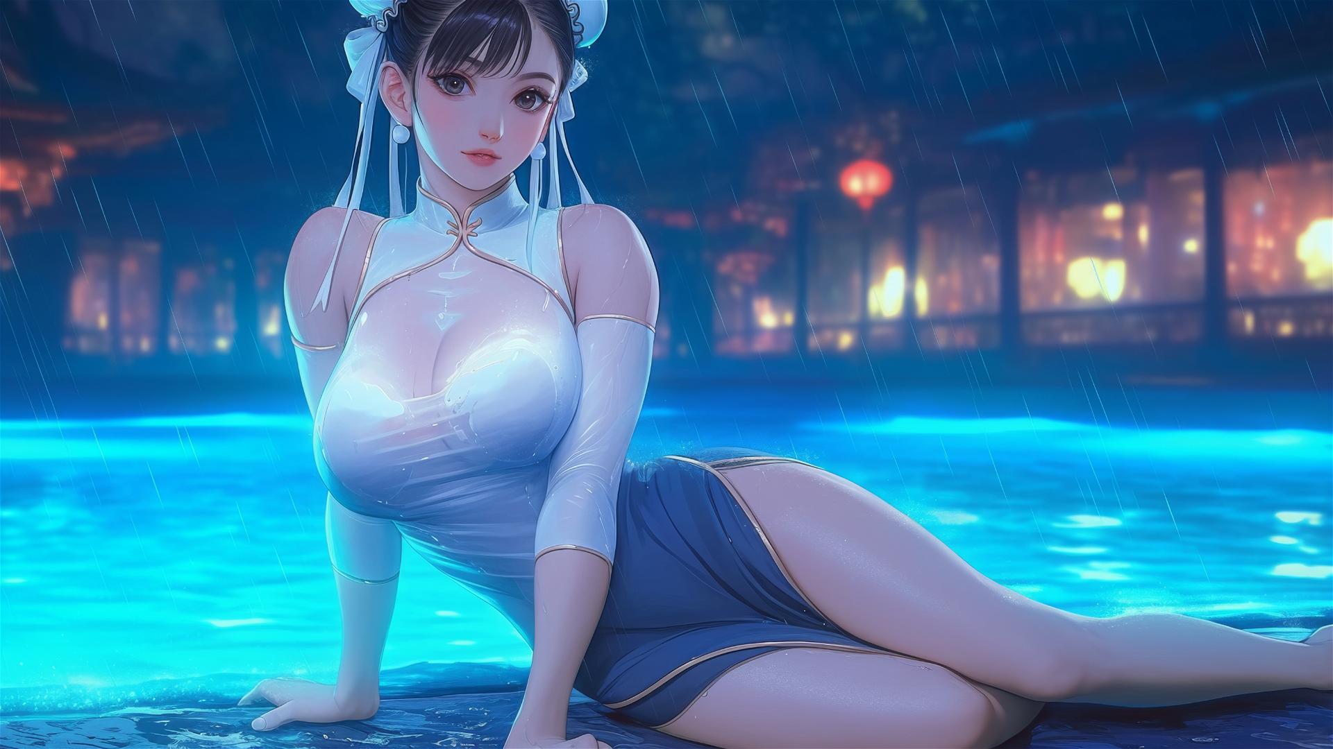 Chun Li in a pure white dress resting at a rainy swimming pool with moonlight glow