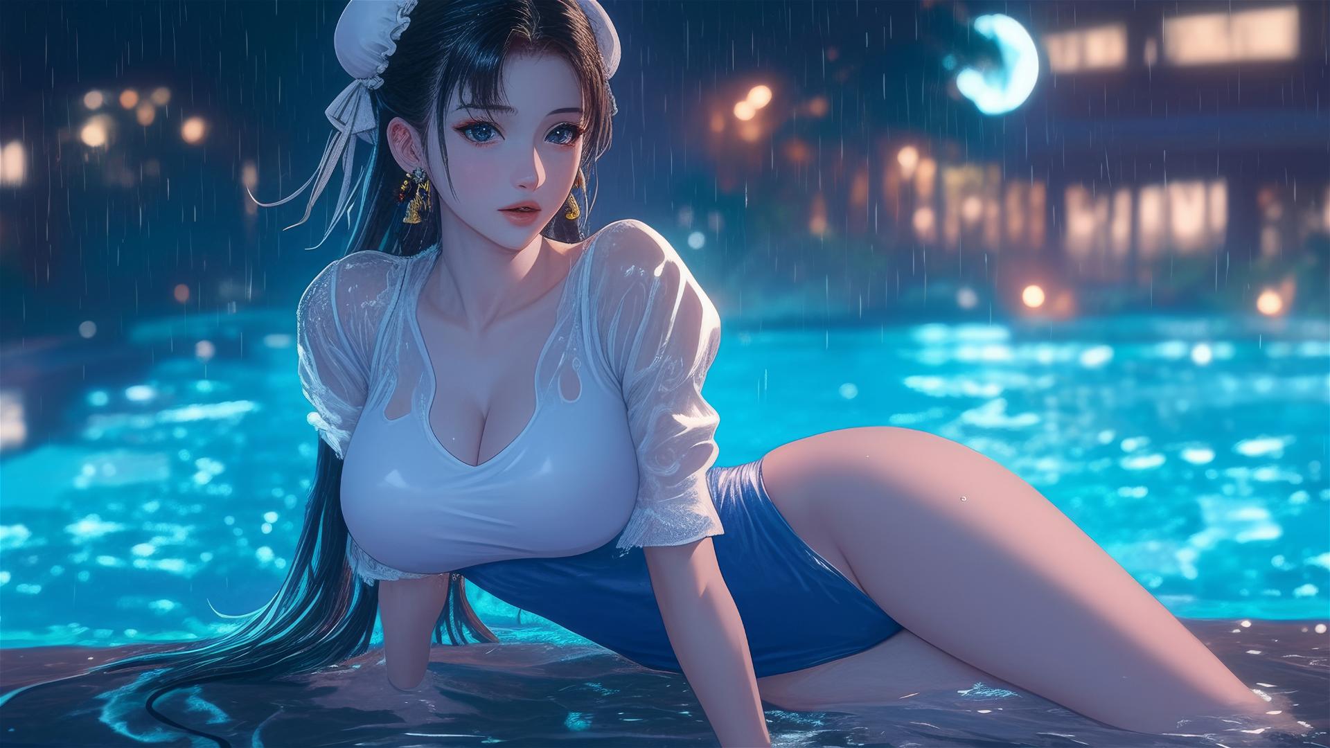 Chun Li in a white dress resting at a rainy pool under moonlight.