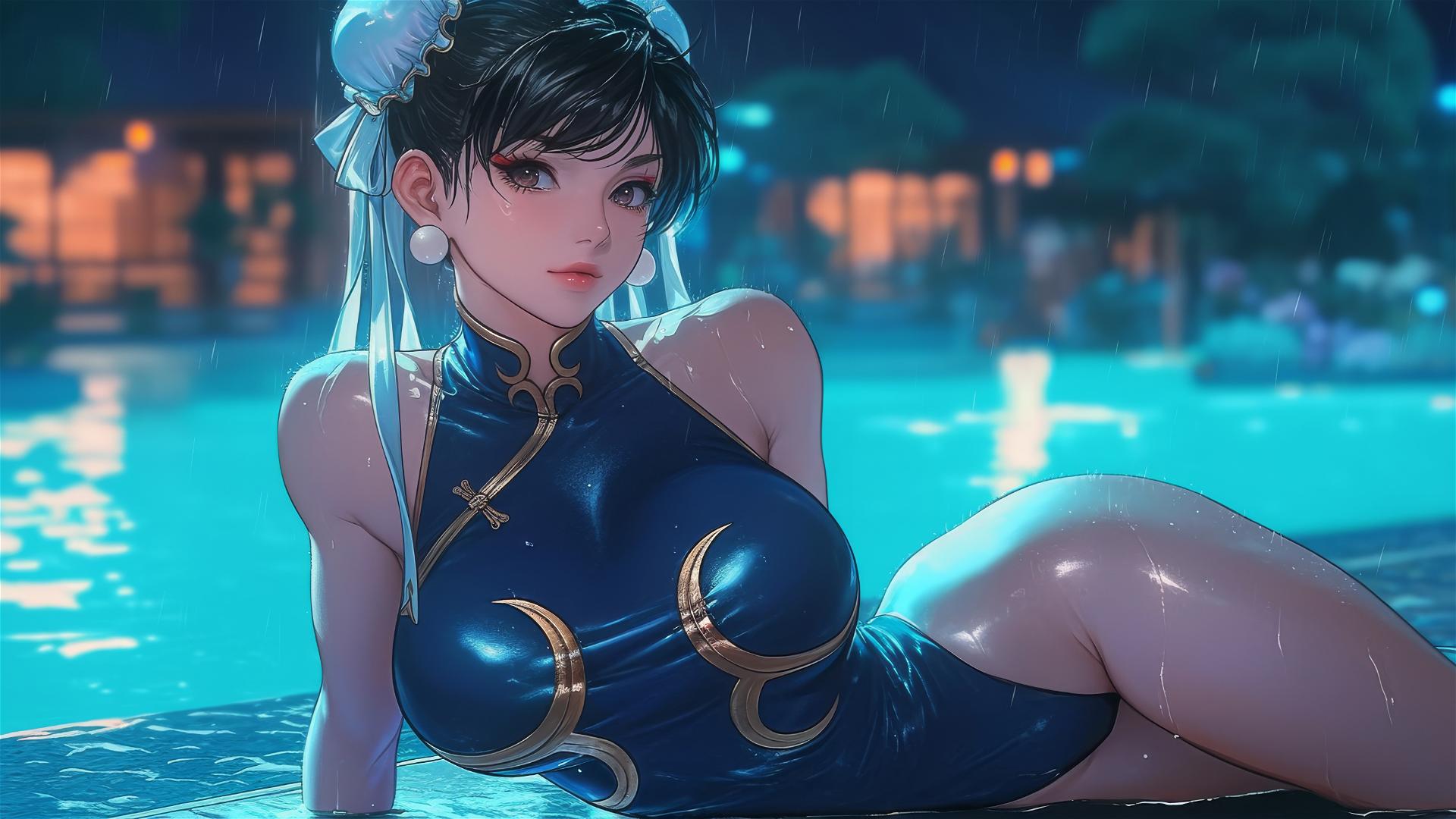Chun Li resting at a rainy swimming pool under moonlight.