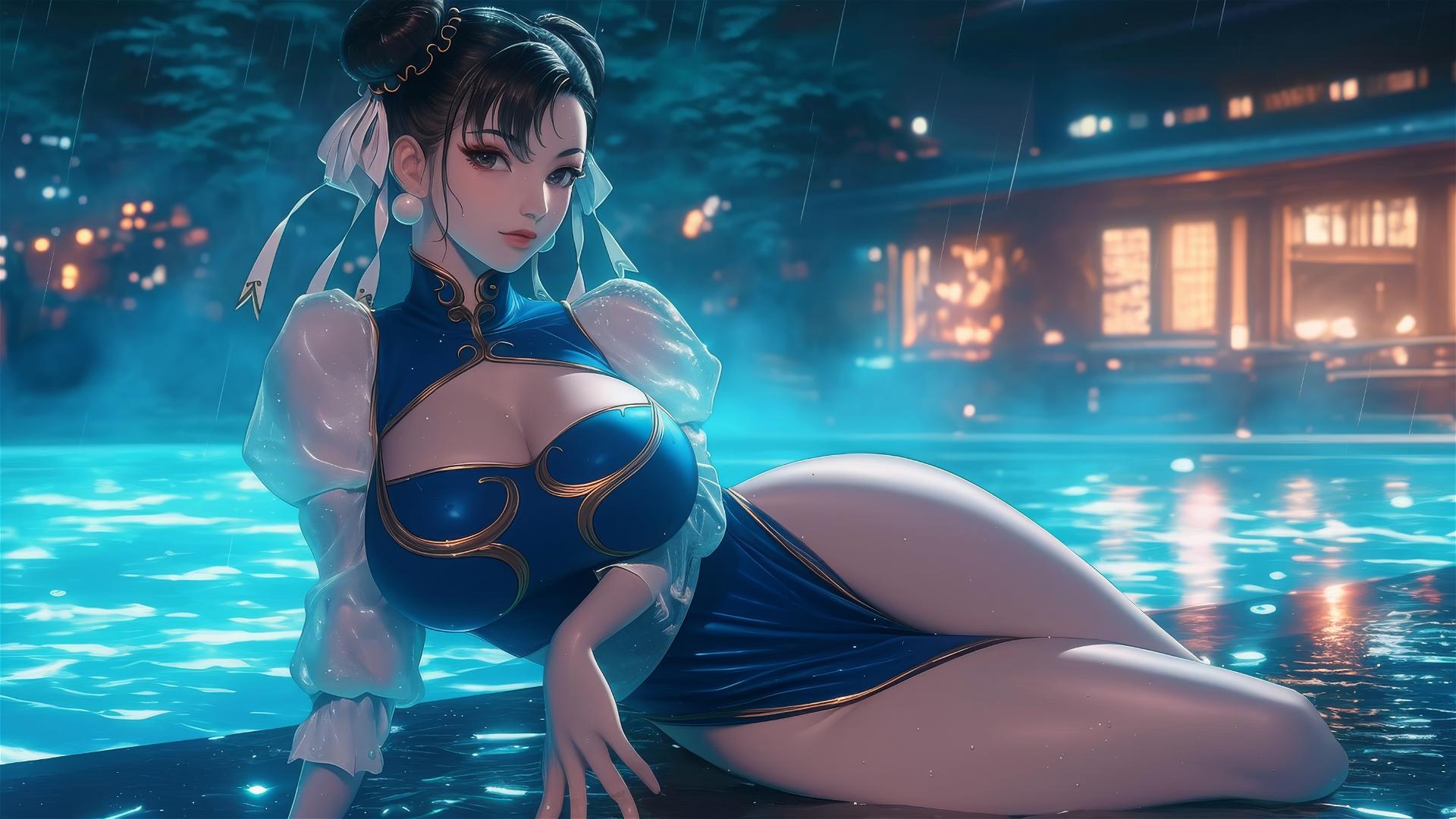 Chun Li resting at rainy pool under moonlight