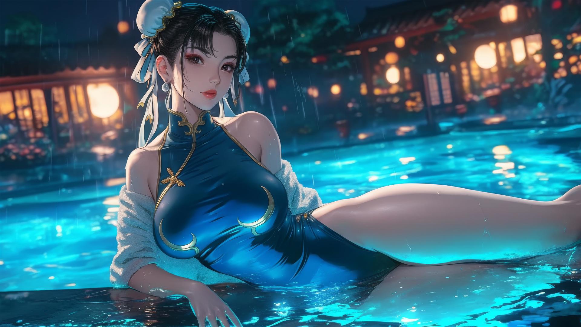 Chun Li resting at a rainy pool with moonlight glow
