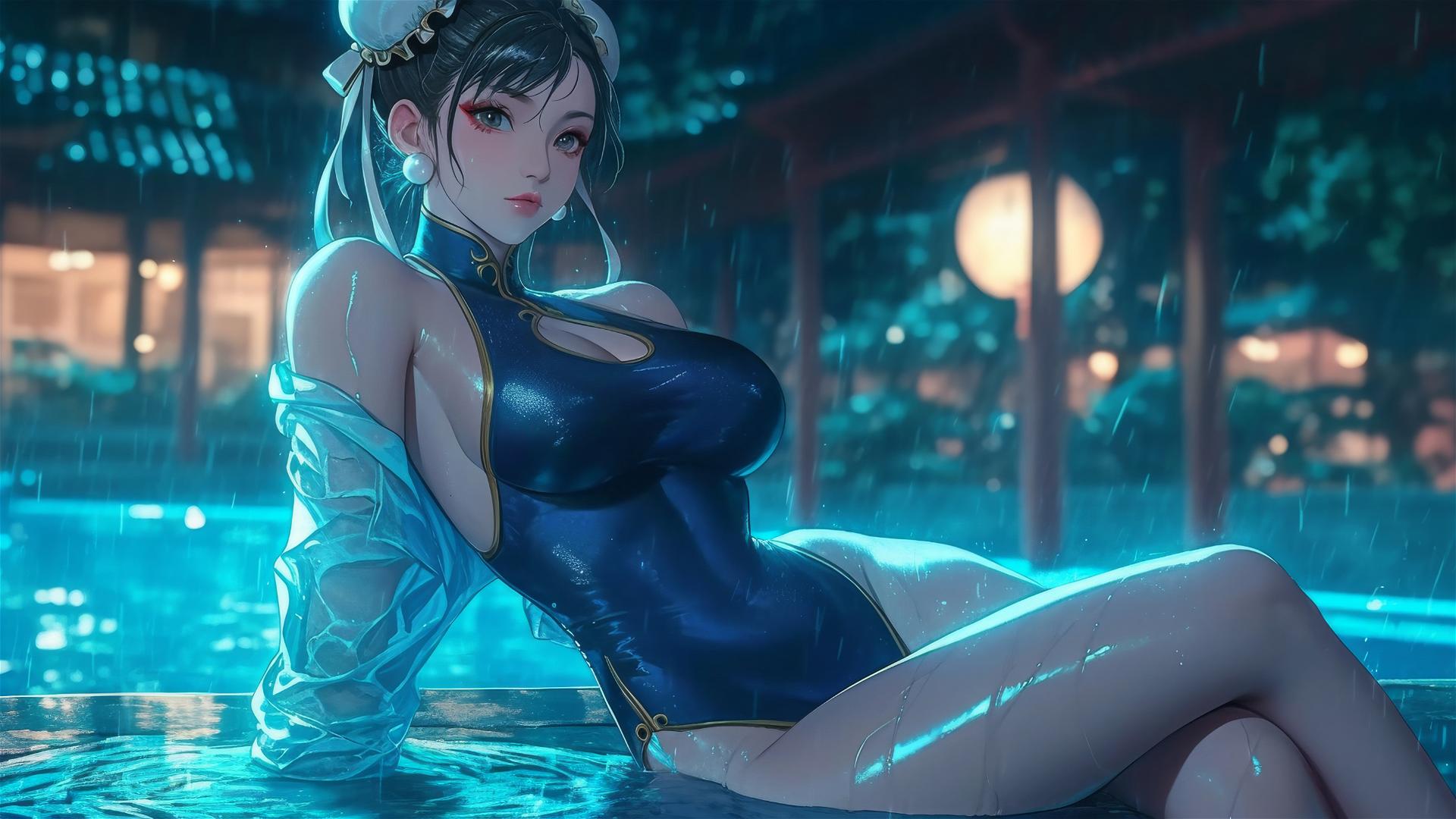 Chun Li from Street Fighter resting by a rainy swimming pool, moonlight glow
