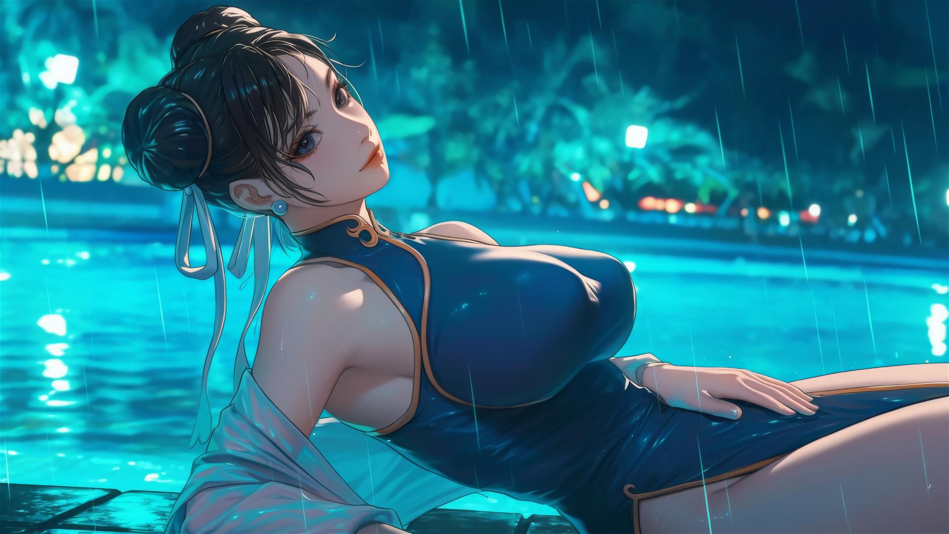 Chun Li from Street Fighter resting by a rainy swimming pool under moonlight
