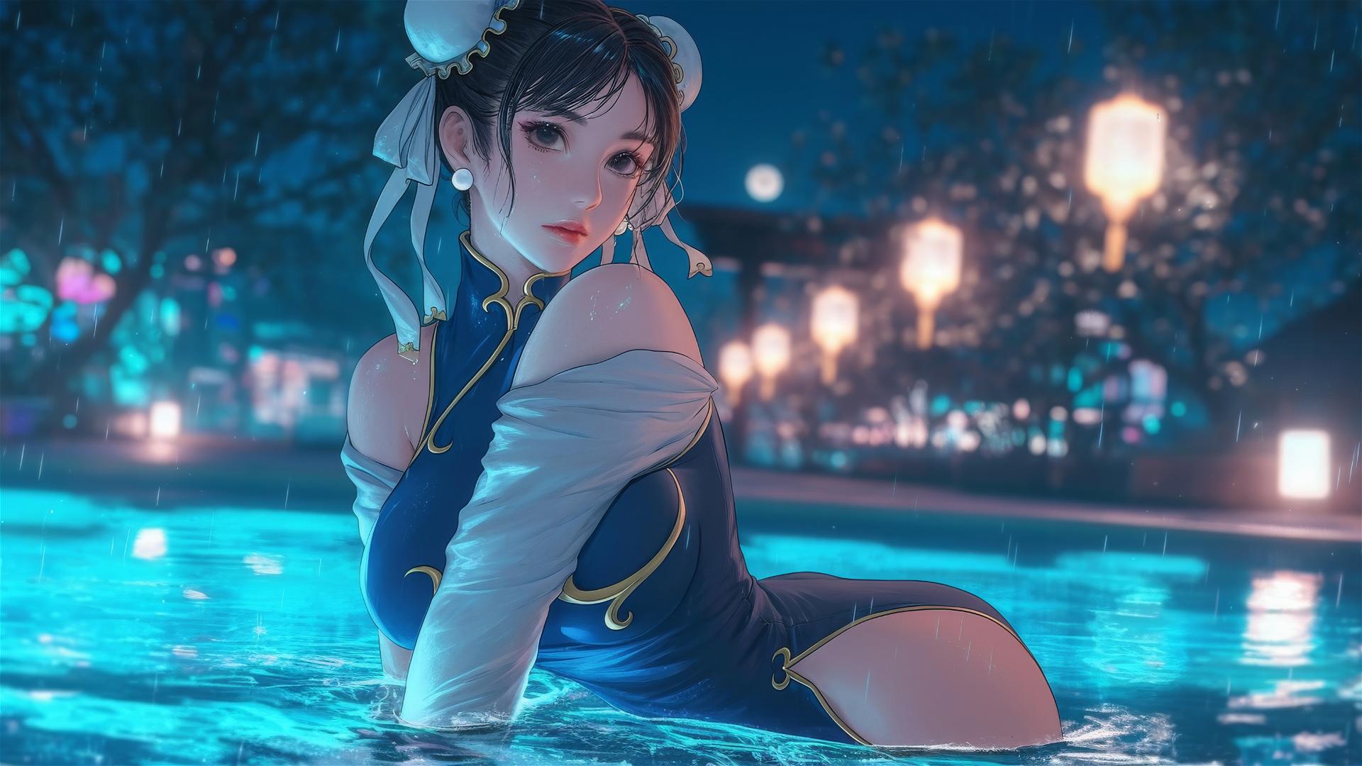 Chun Li from Street Fighter resting by a rainy pool, illuminated by moonlight.
