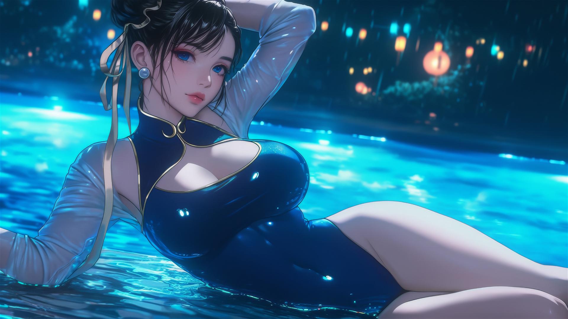 Chun Li from Street Fighter resting by a rainy pool under moonlight.
