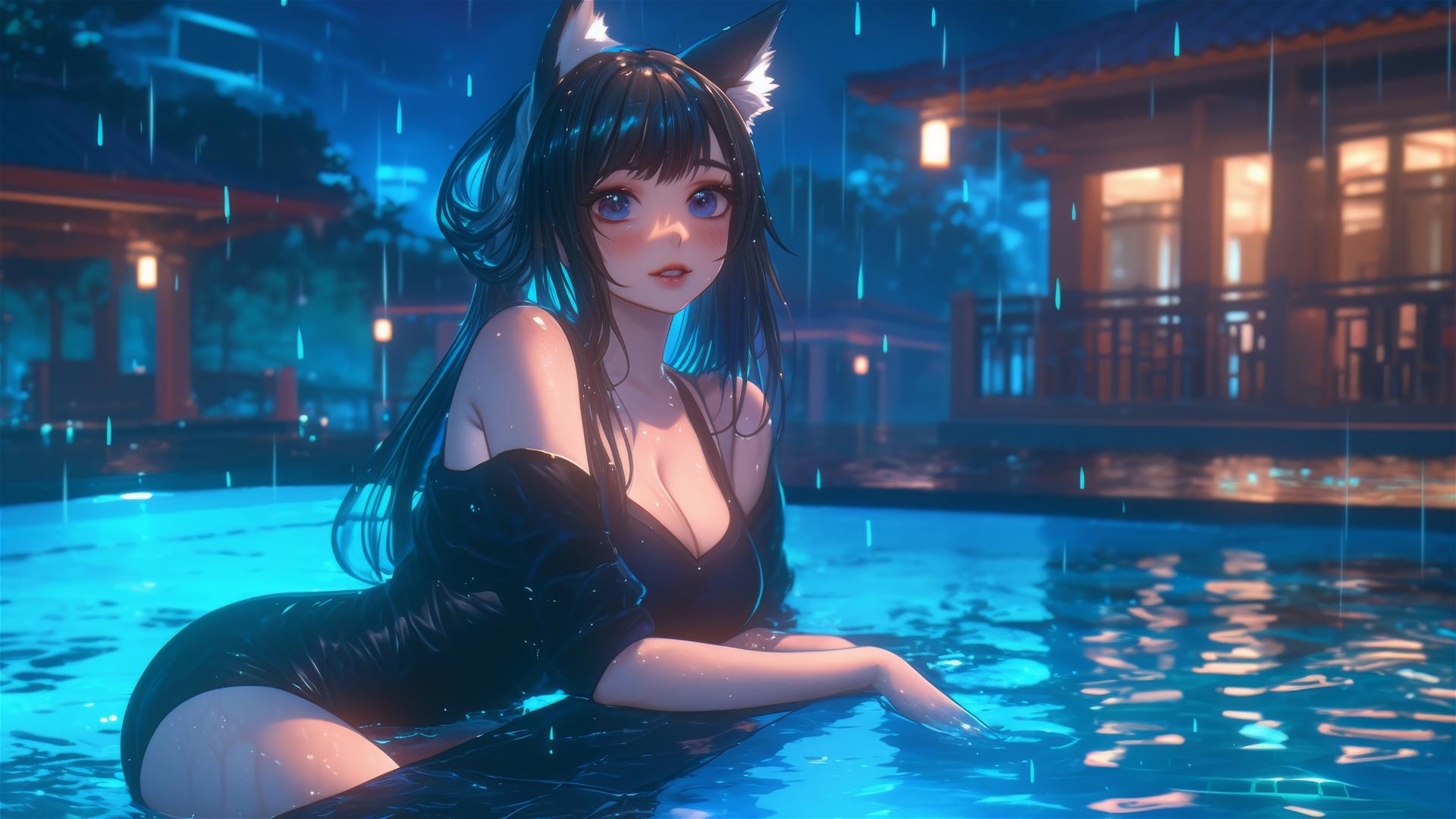 Kawaii cat girl resting by a moonlit rainy pool