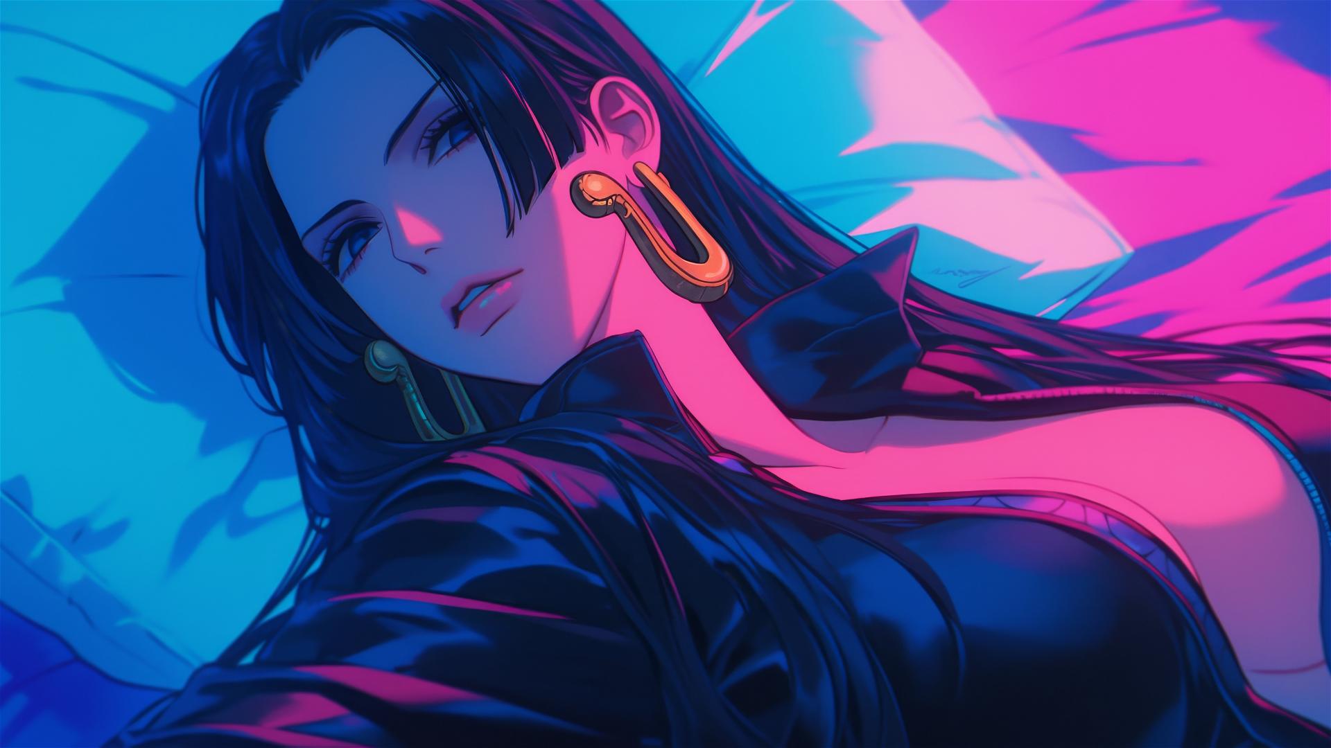 Boa Hancock from One Piece lying in bed with neon colors