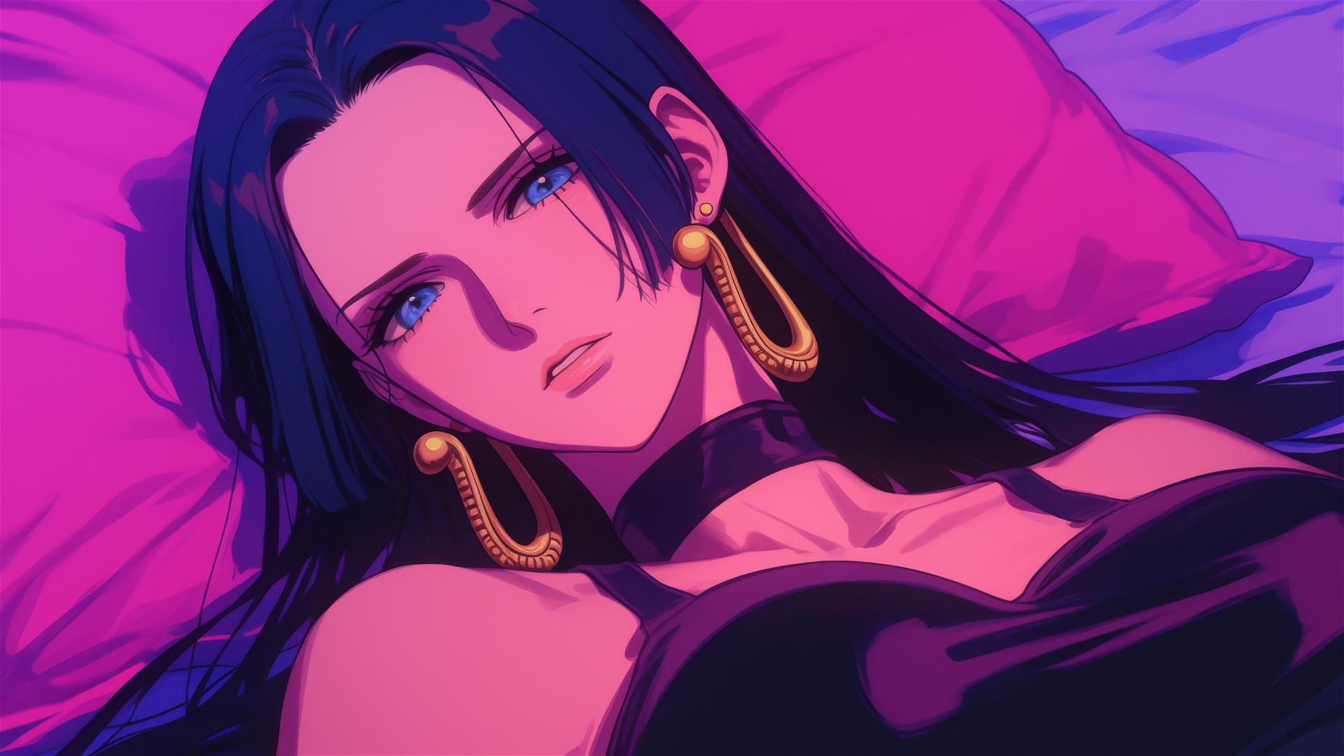 High-angle view of Boa Hancock from One Piece in bed, wearing black and pink leather, with long hair and gold earrings, neon colors, pink background, high contrast.