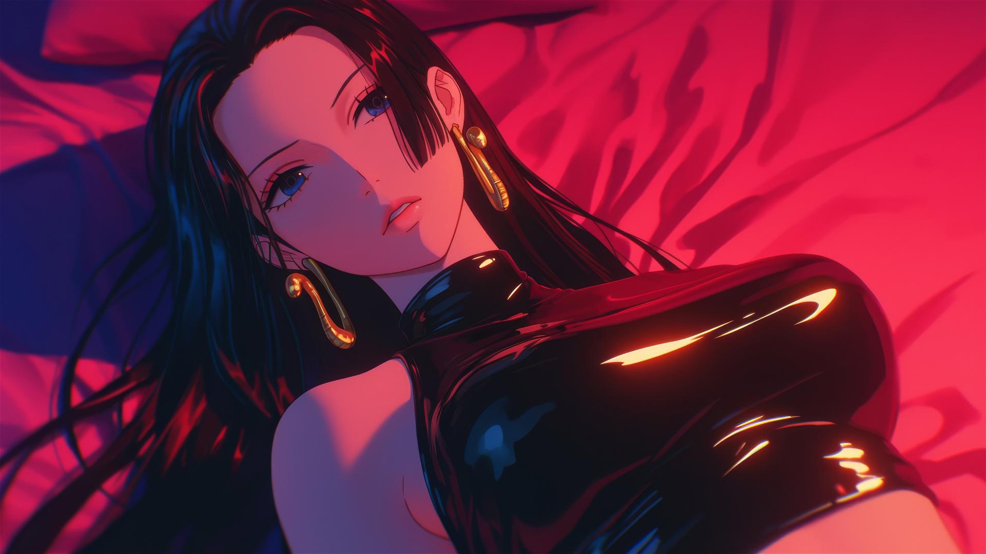 Boa Hancock from One Piece in bed, wearing black and pink leather, long hair, gold earrings, neon colors, pink background