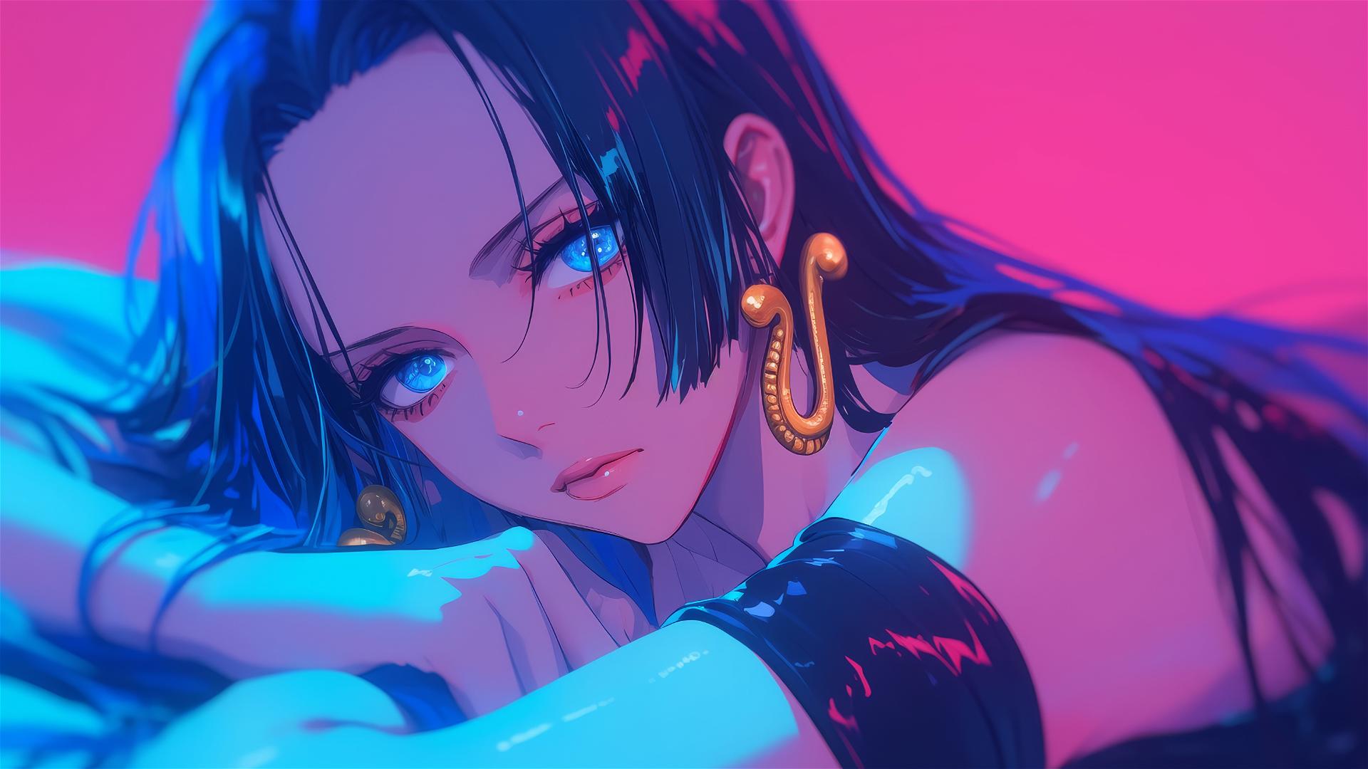 Boa Hancock from One Piece in bed wearing black and pink leather, long hair, gold earrings, pink background, neon colors.