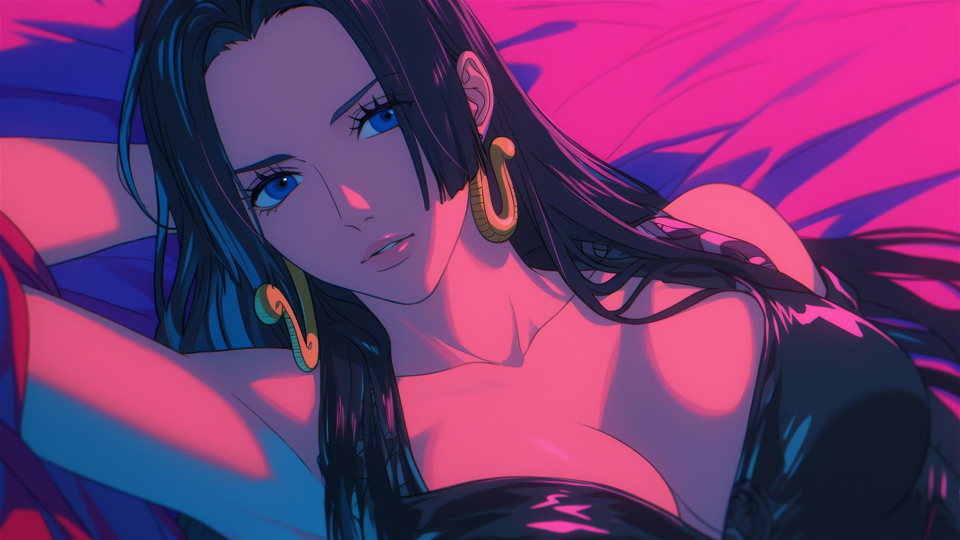 Boa Hancock in bed with black & pink leather and gold earrings, neon pink backdrop