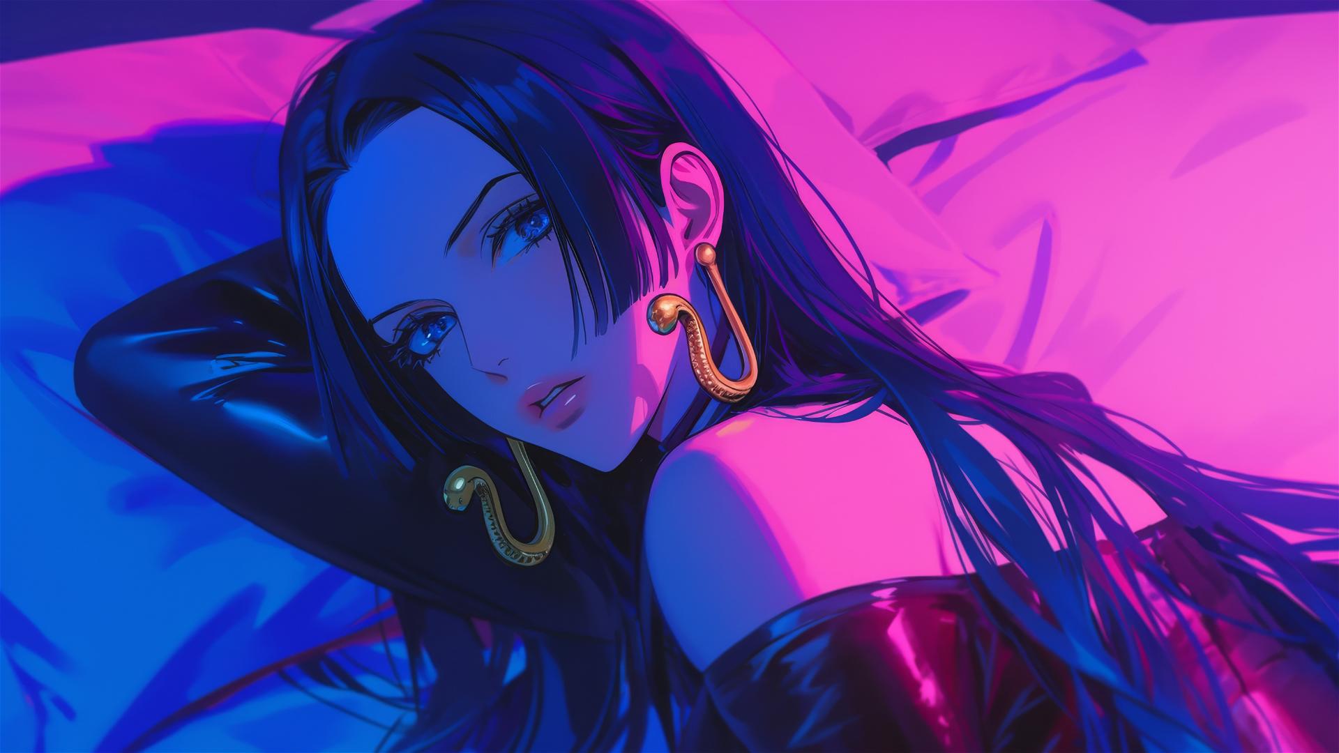 High angle view of Boa Hancock in bed, neon pink backdrop