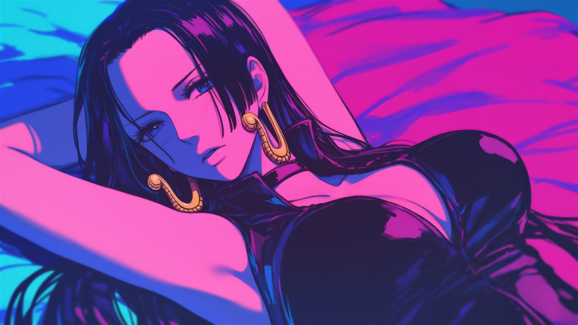 Boa Hancock in bed with neon pink background, high contrast