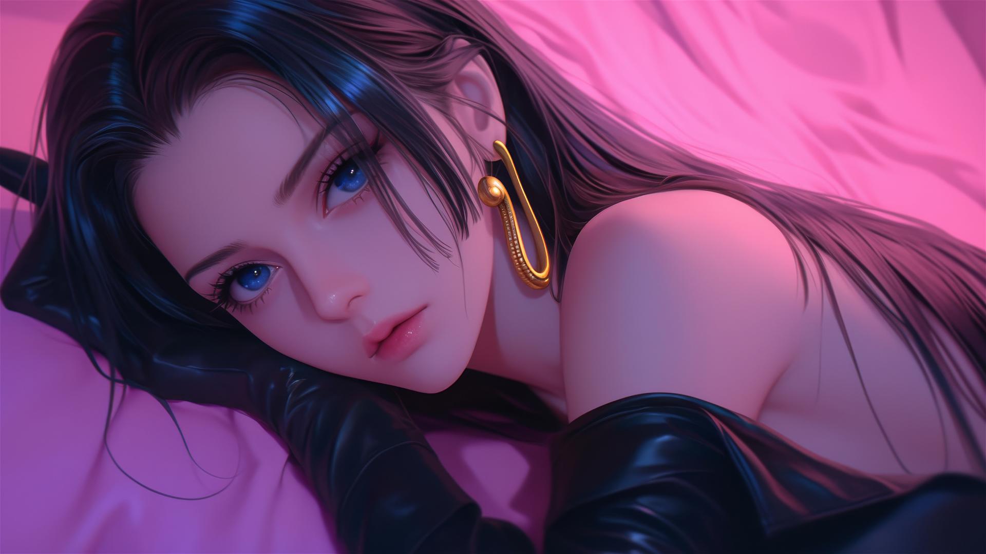Boa Hancock from One Piece in bed, black and pink leather, long hair, gold earrings.