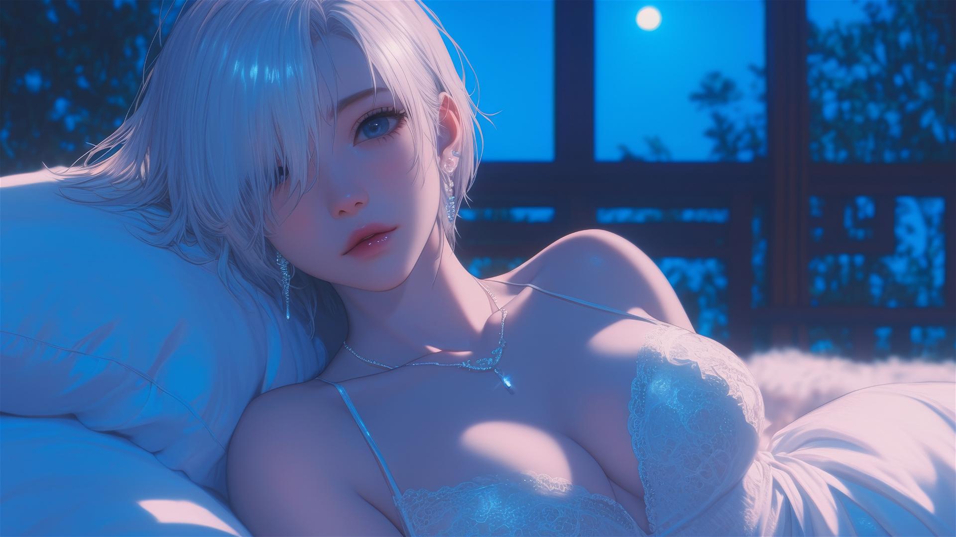 2B from Nier in pink, sitting relaxed by a rainy swimming pool with moonlight