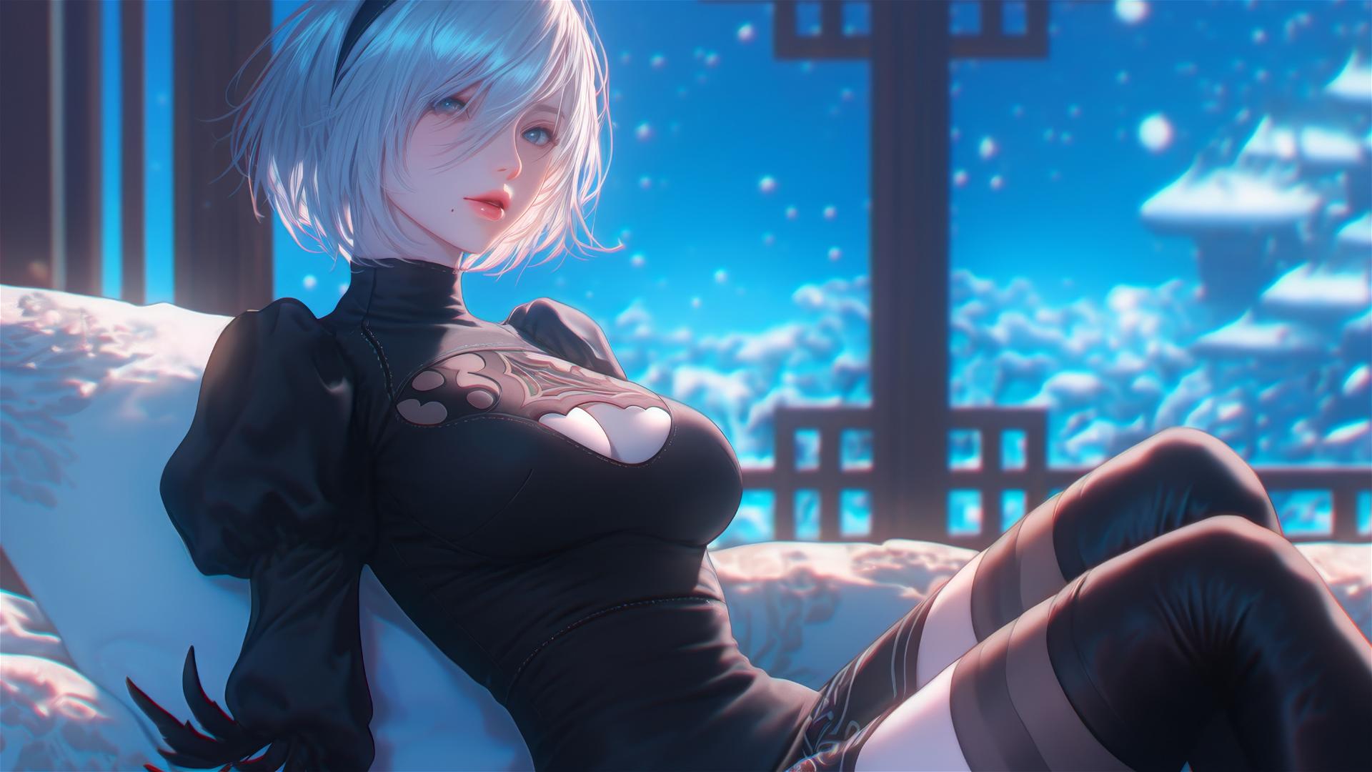 2B from Nier relaxing in modern hotel room with moonlight glow