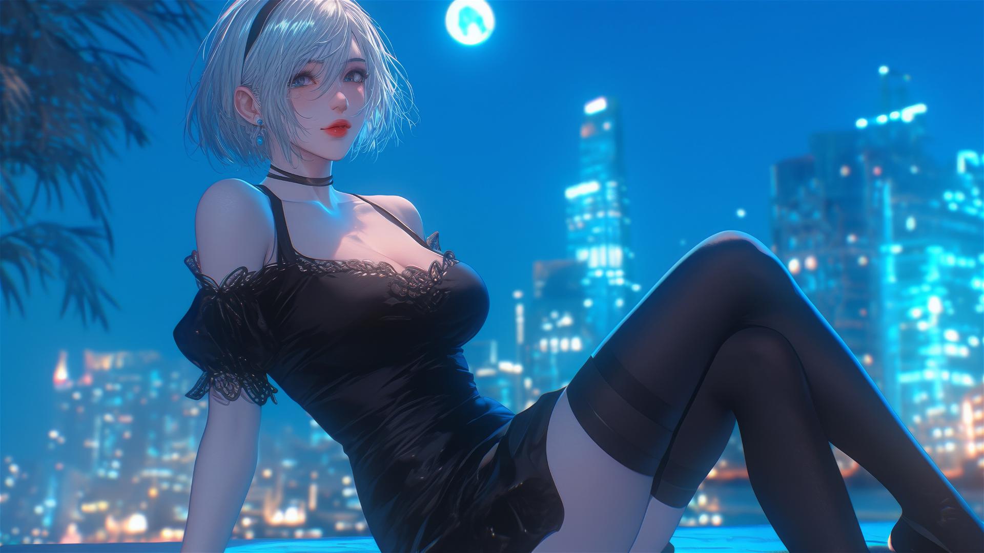 2B from Nier sitting relaxed in a modern hotel room, moonlight glowing on her