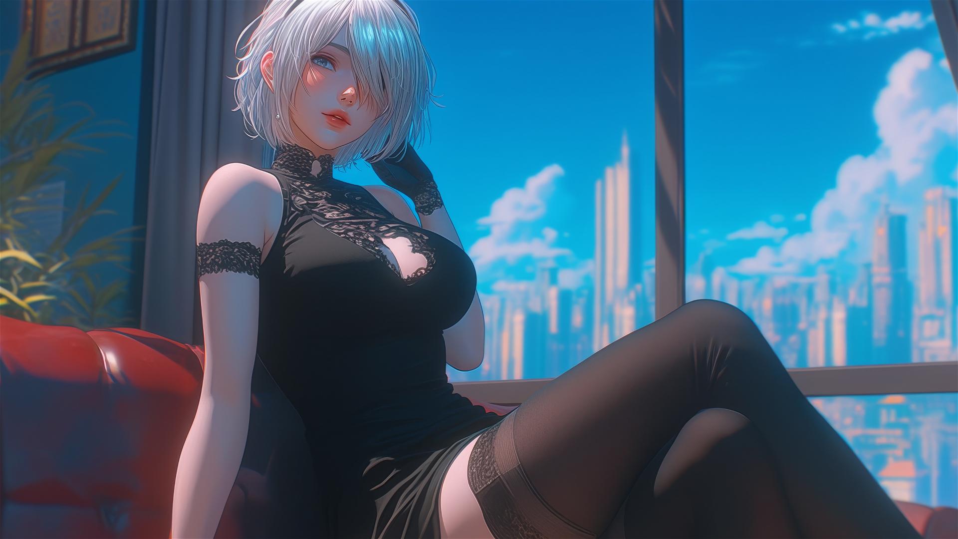 2B from Nier sitting in a modern hotel room with moonlight glow
