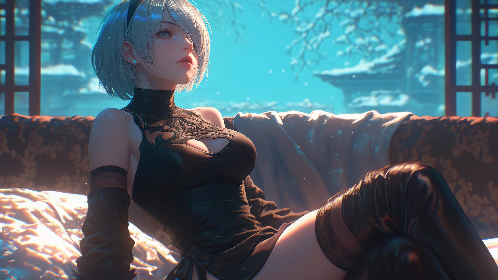 2B from Nier, sitting relaxed in a hotel room with moonlight on her