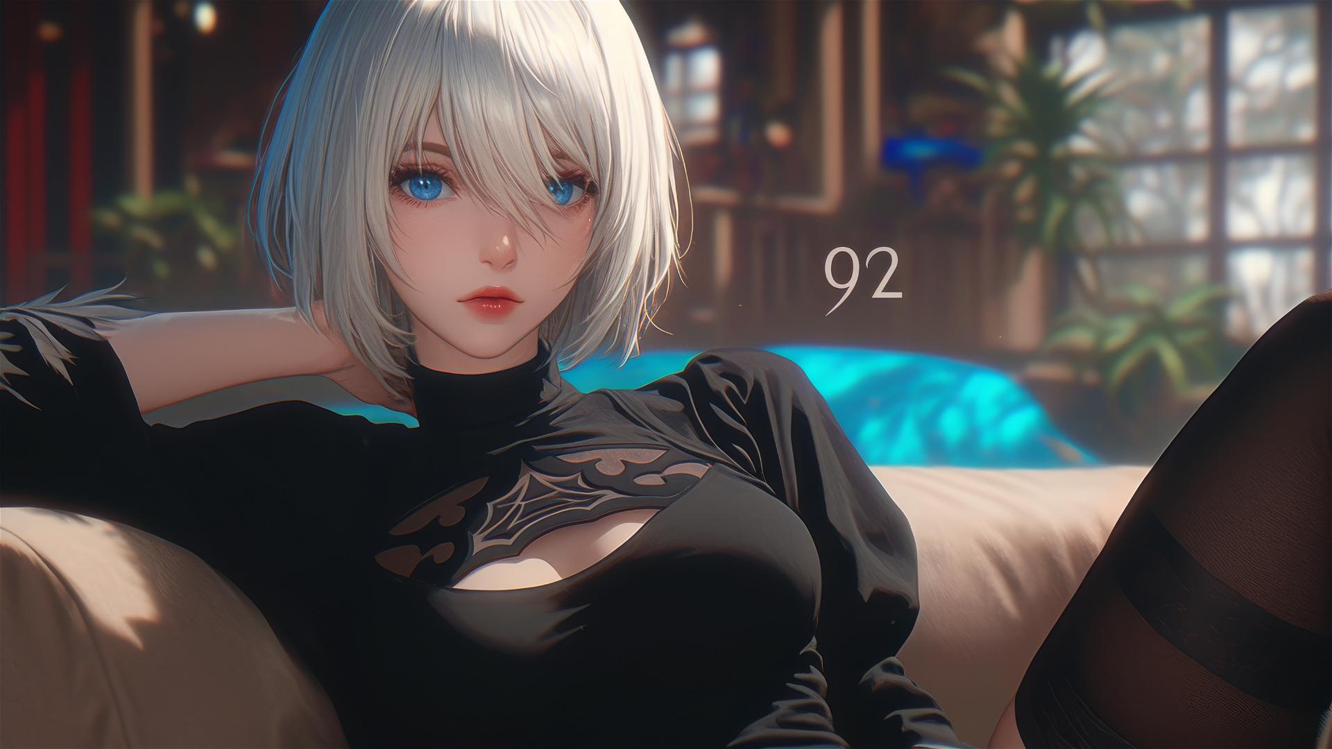 2B from Nier sitting in a modern hotel room with moonlight glow