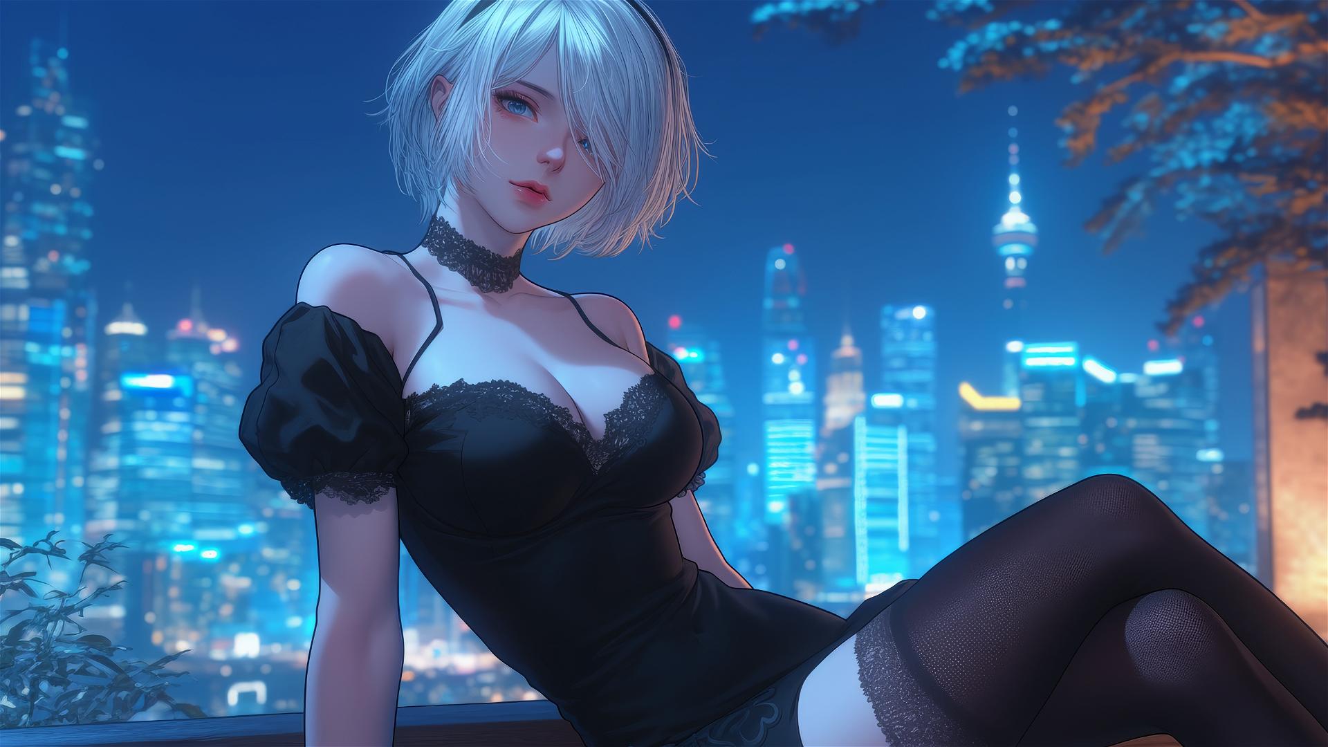 2B relaxing in modern hotel room under moonlight with short hair