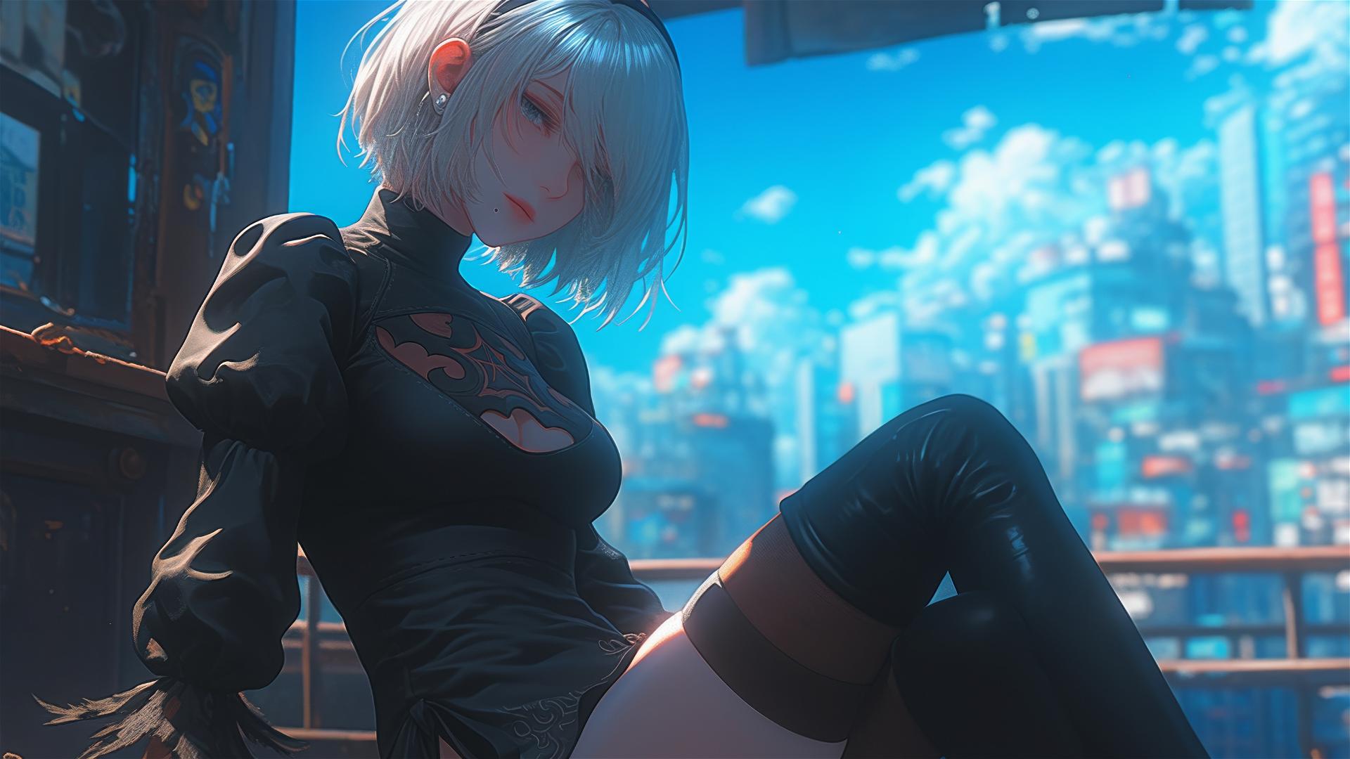 2B from Nier relaxing in a modern hotel room with moonlight glow