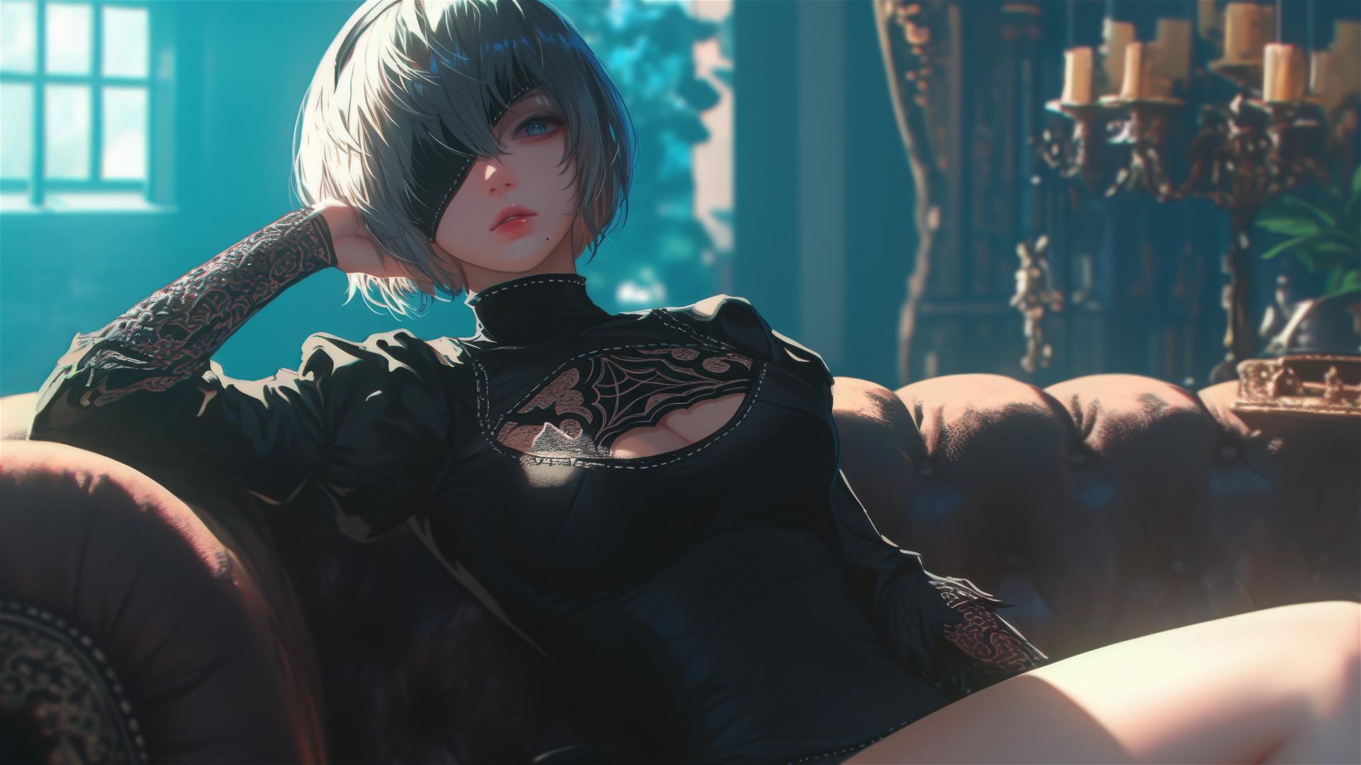 2B from Nier sitting relaxed in a modern hotel room with moonlight glow