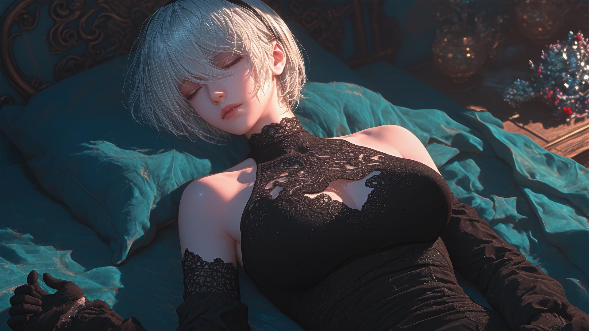 High angle view of 2B from Nier in bed, relaxed posture, short hair.
