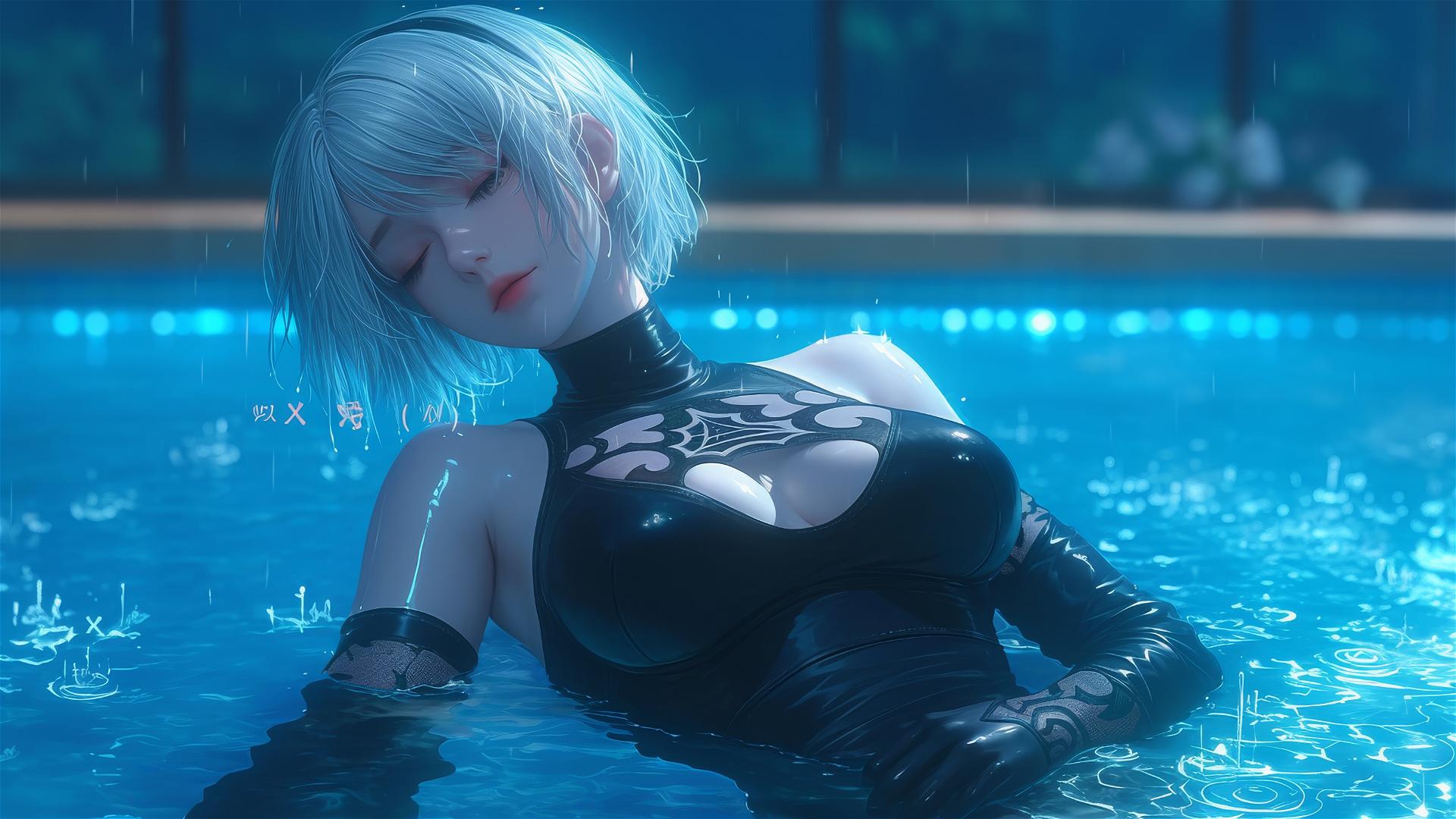 2B from Nier resting at a rainy pool under soft moonlight