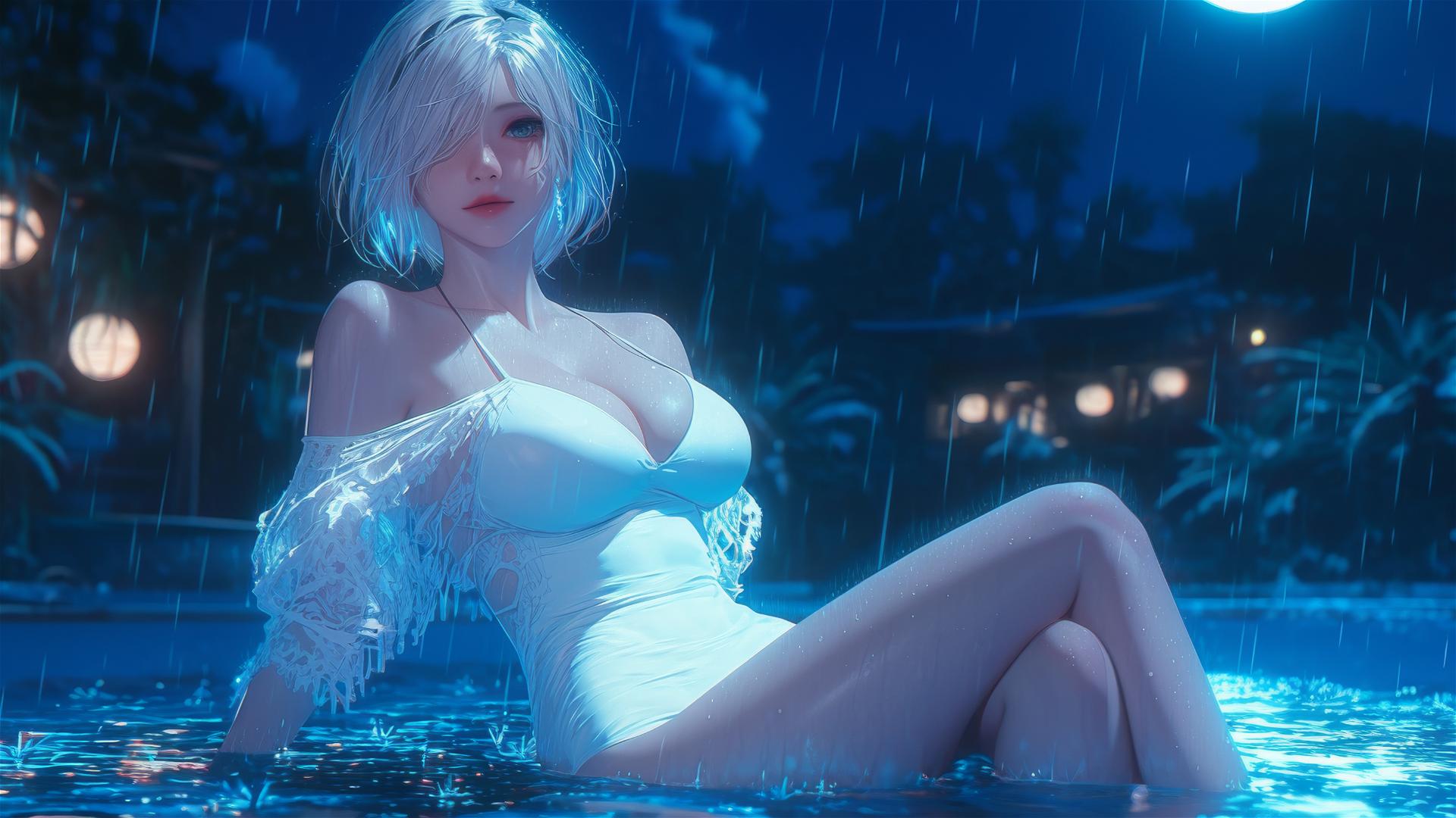 2B from Nier in white, sitting by a rainy pool with moonlight.