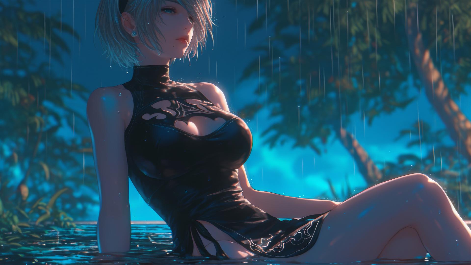 2B from Nier in casual attire resting by a rainy swimming pool, moonlight glow.