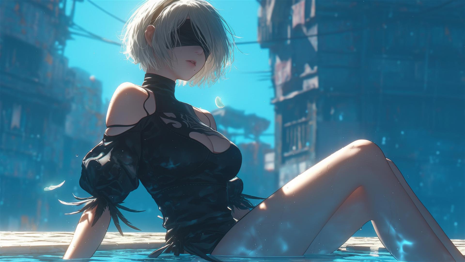 2B from Nier in casual attire, relaxed posture, sitting by rainy pool with moonlight