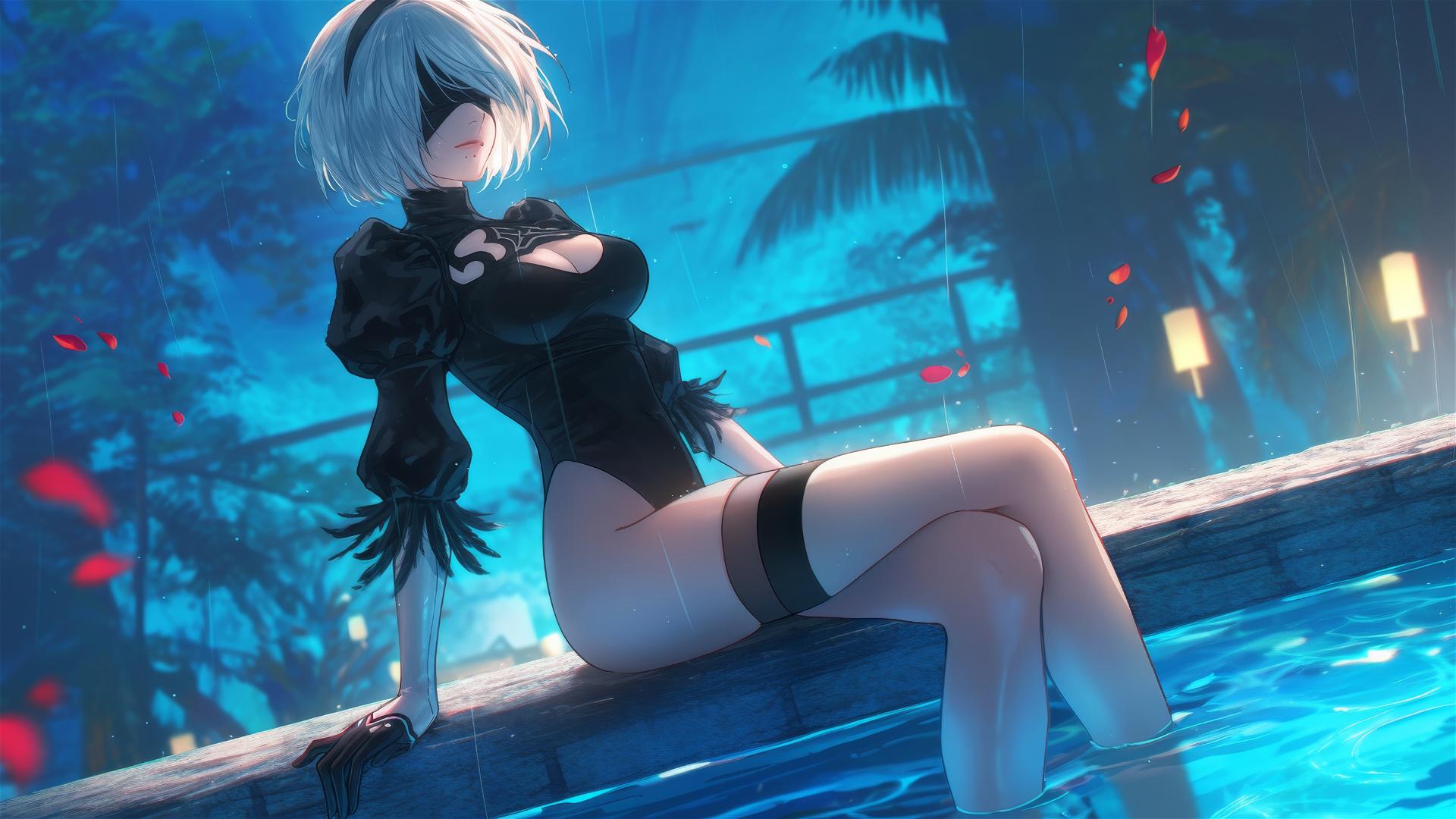 2B from Nier resting by a rainy swimming pool under moonlight, short hair