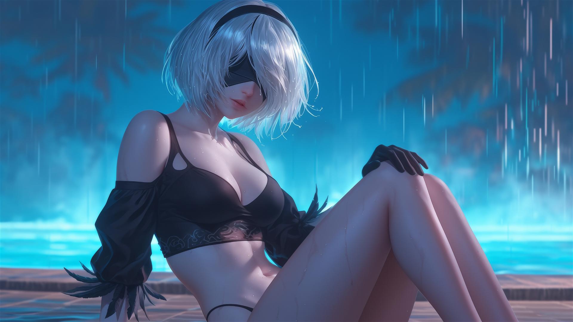 2B from Nier resting by a rainy swimming pool, moonlight casting a glow.