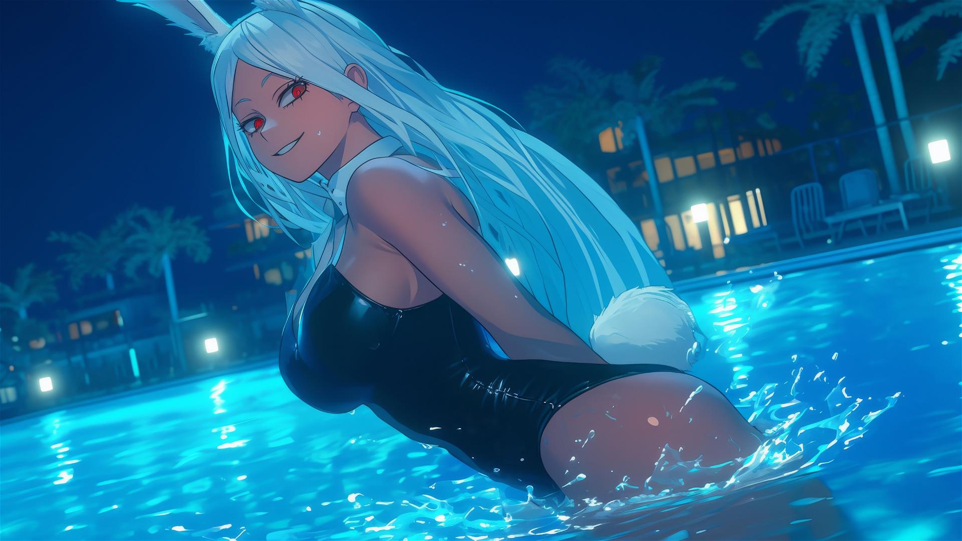 Mirko from My Hero Academia leaping from pool with moon glow