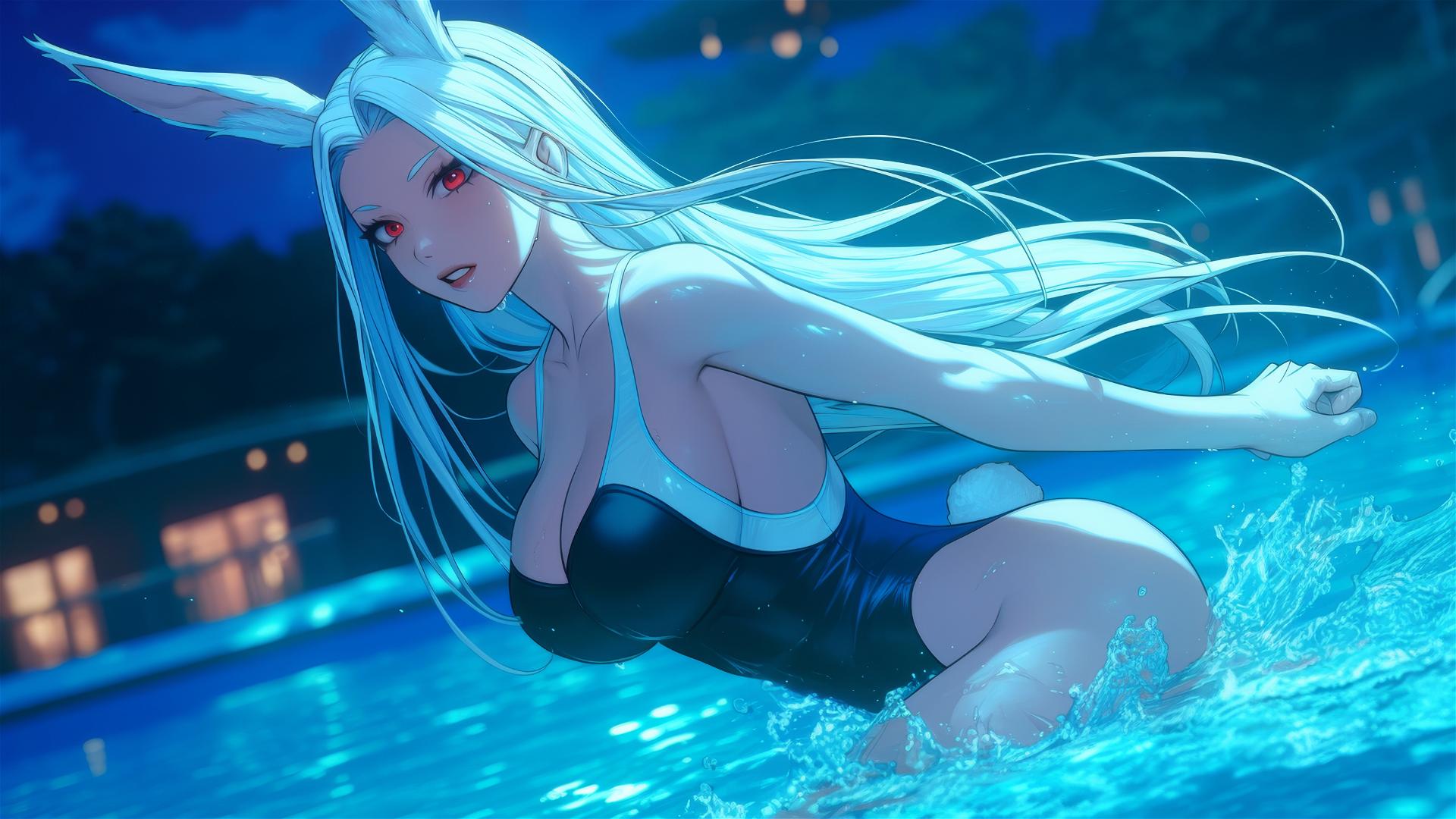 Mirko from My Hero Academia jumps out of a pool under moonlight