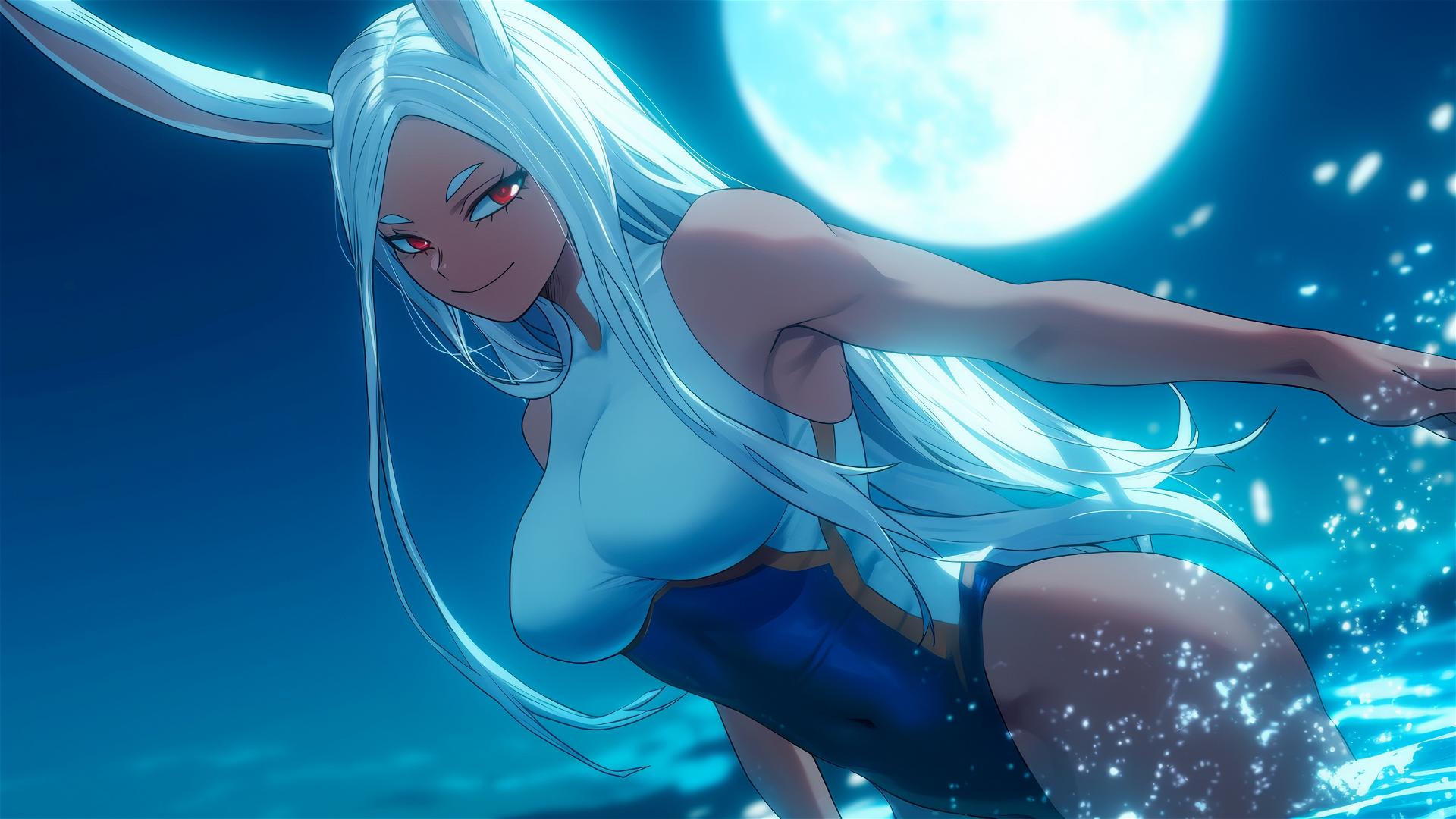 Mirko from My Hero Academia leaping from a pool under moonlight, with attributes of an albino rabbit.