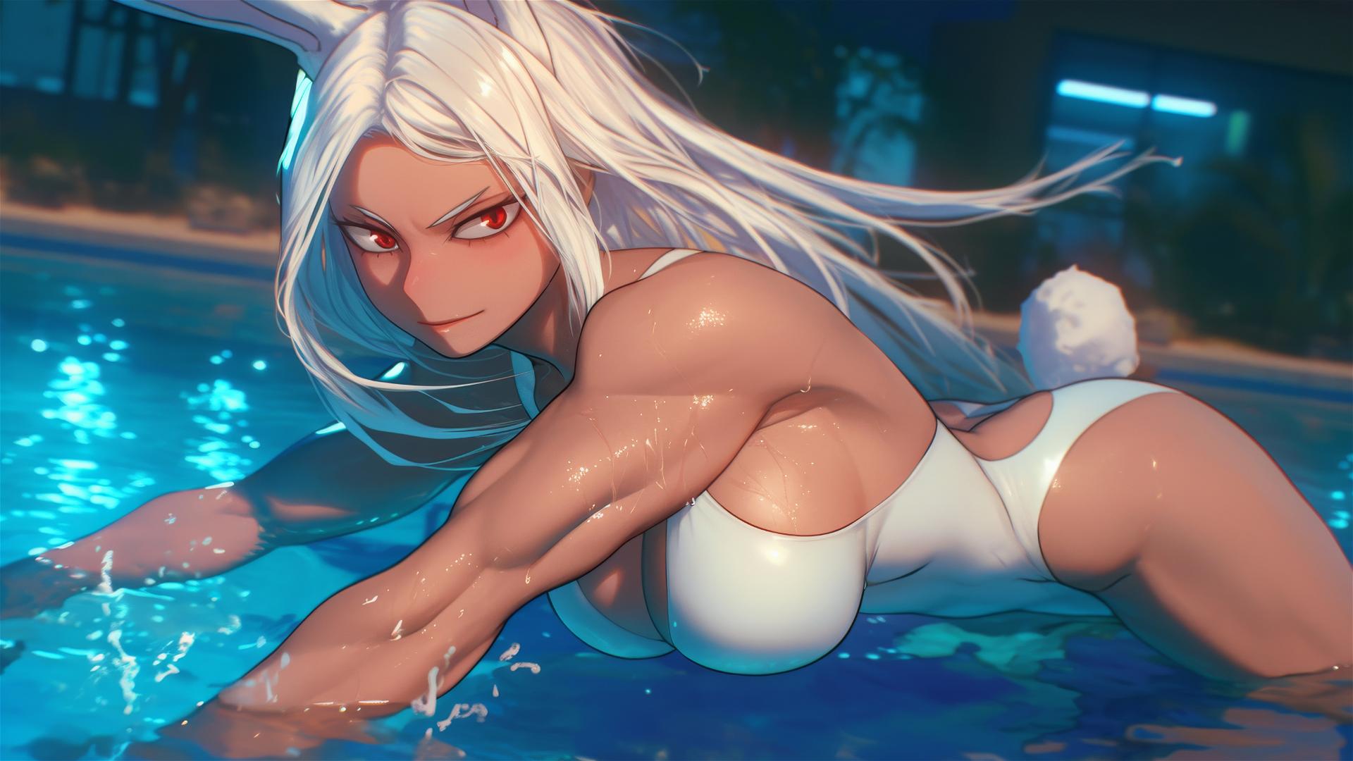 Mirko from My Hero Academia exiting swimming pool in moonlight
