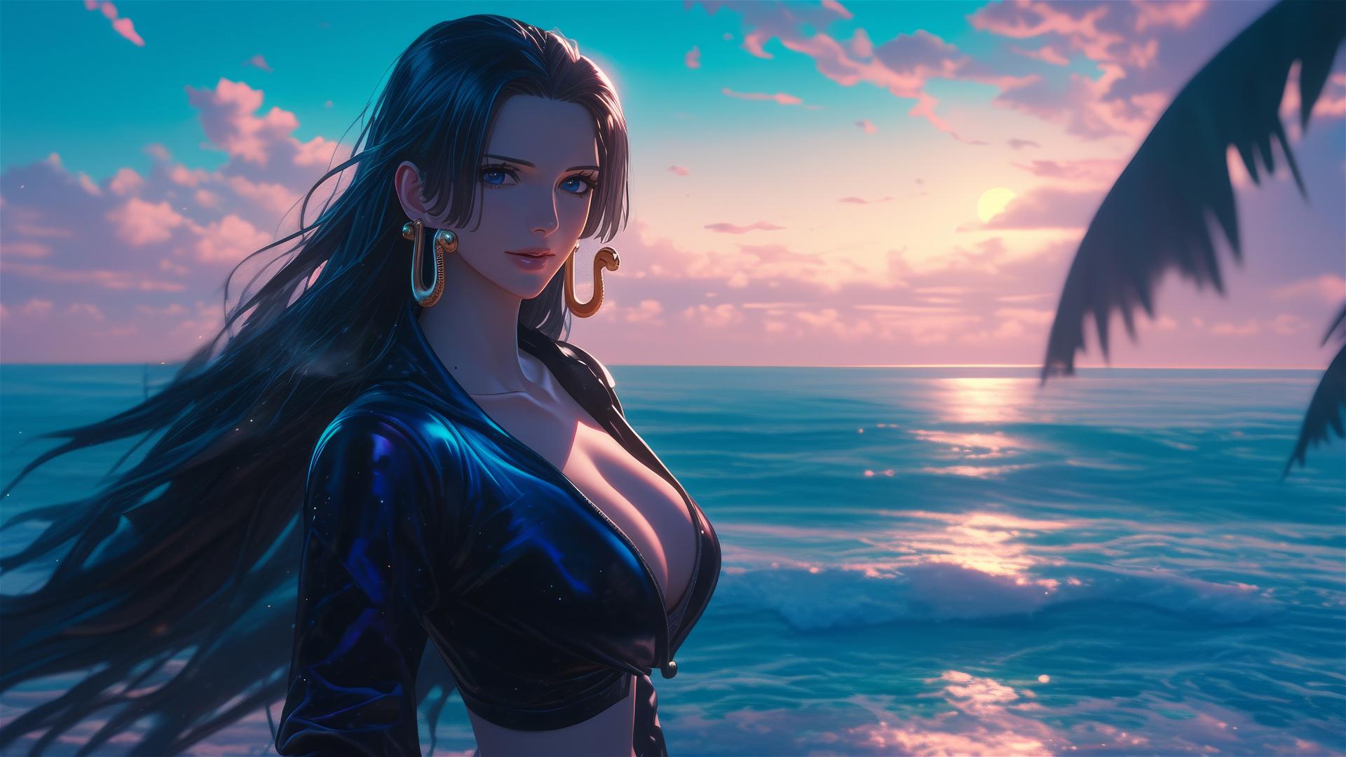 Boa Hancock strides on beach at sunset in pink and black outfit