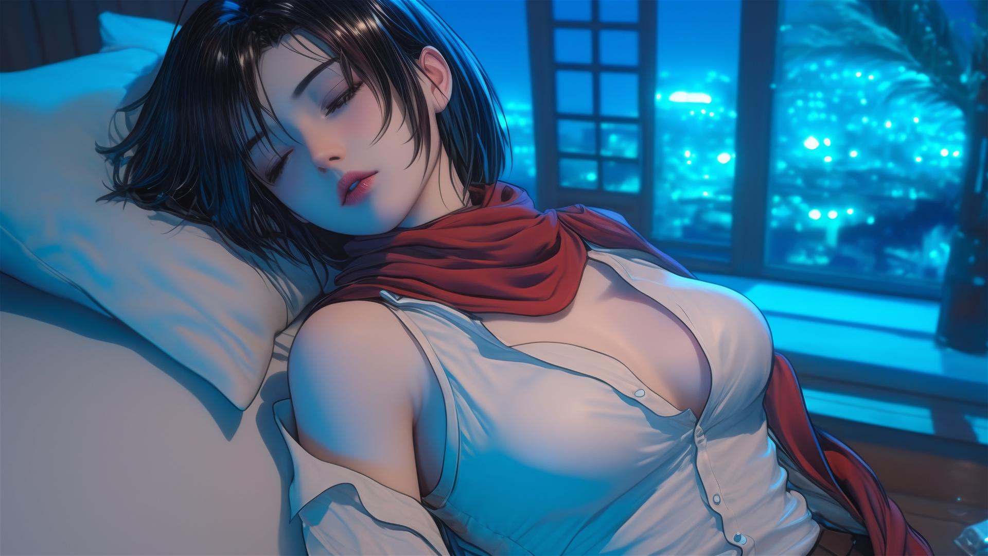 Mikasa Ackerman resting in a modern hotel room with moonlight glow.